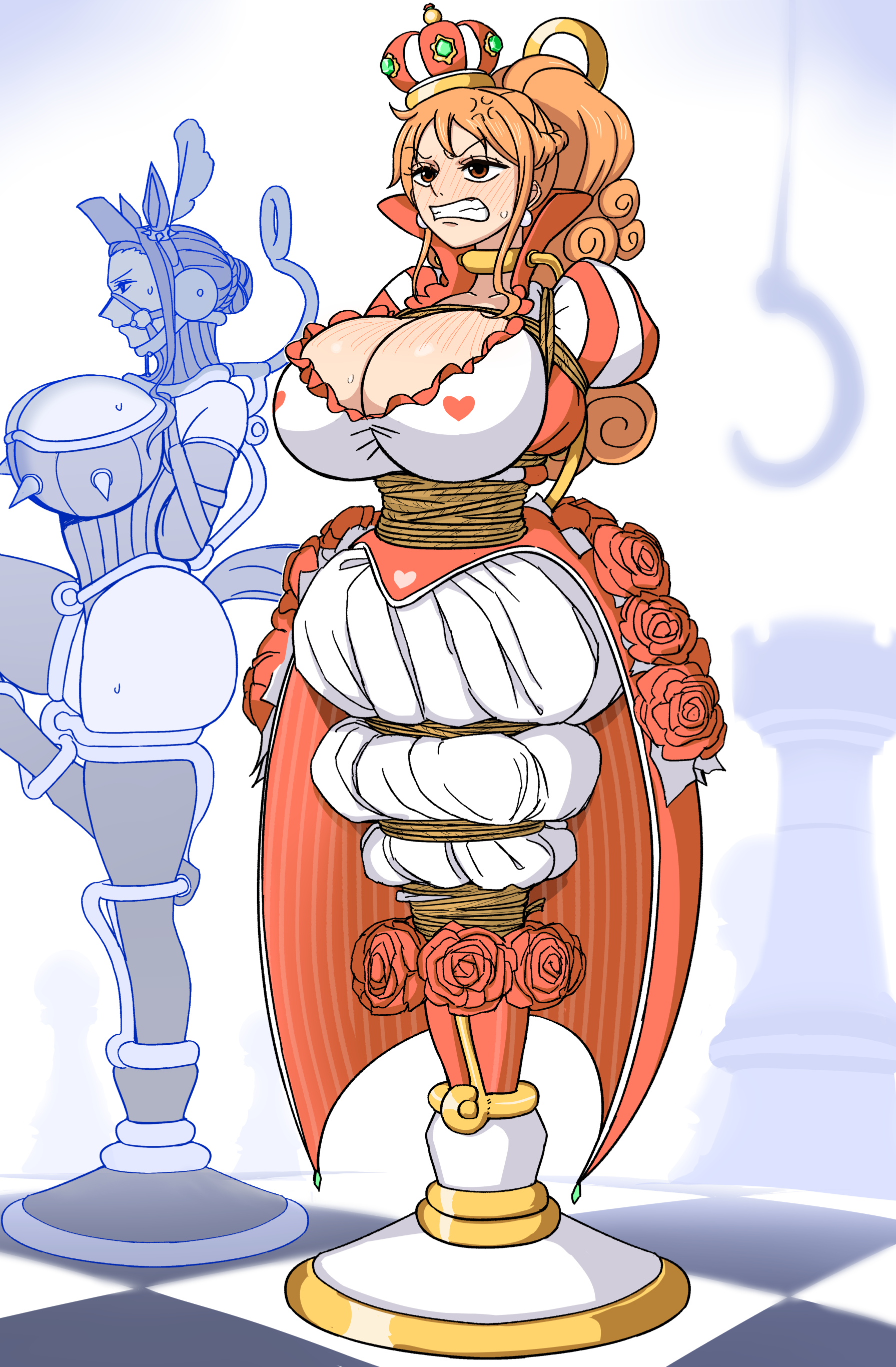 angry, angry face, angry sub, big breasts, bit gag, bondage, bound, breasts, chess, chess piece, cleavage, clenched teeth, collar, dress, fancy clothing, female, female only, femsub, gag, gagged, gold (metal), gold jewelry, harness gag, huge breasts, large breasts, multiple girls, multiple subs, nami (one piece), nico robin, one piece, orange eyes, orange hair, petplay, ponyplay, posture collar, princessification, queen, rebake-1453, rope, rope bondage, rose (flower), royal, tied up, tight bondage