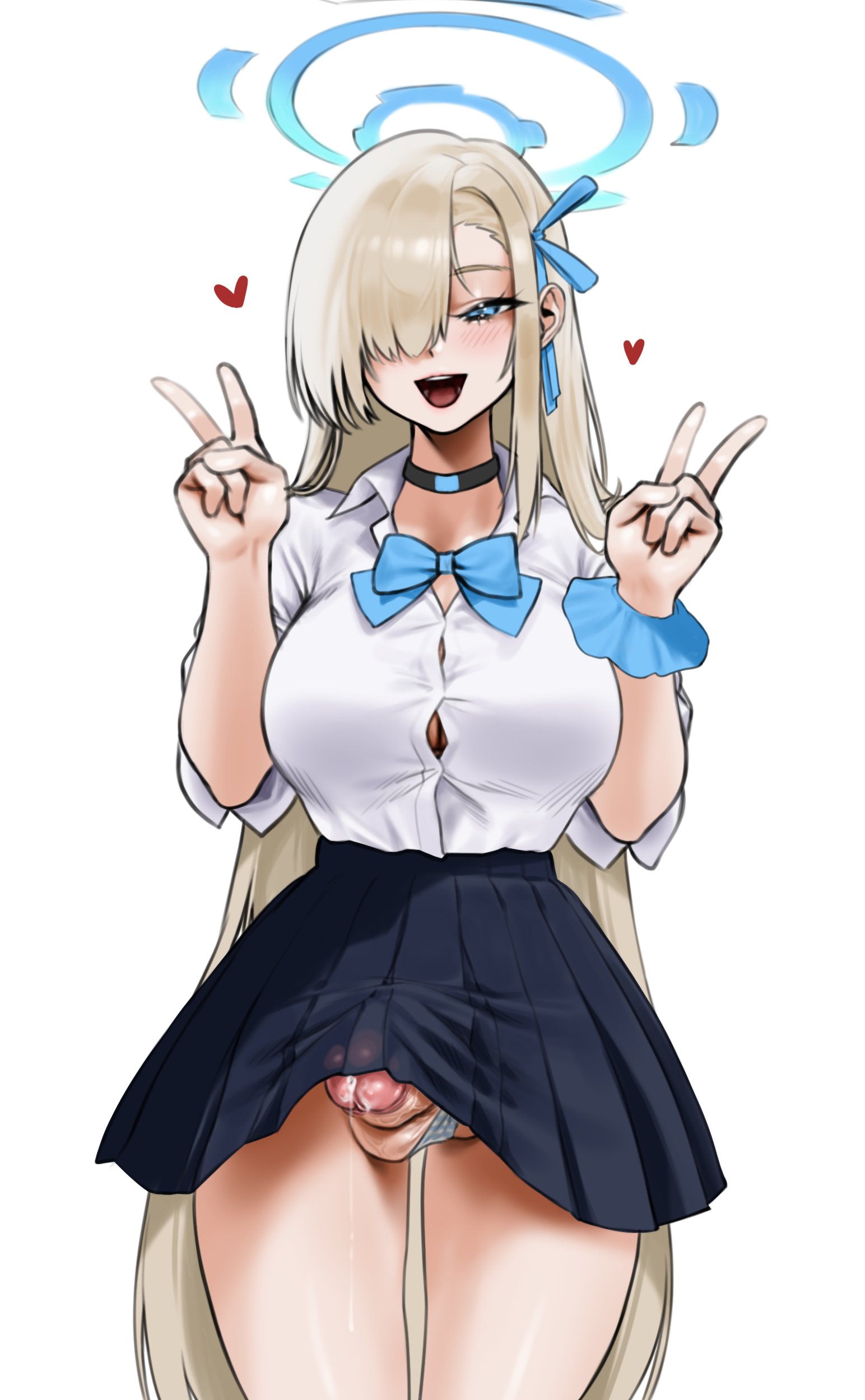 1futa, asuna (blue archive), asuna (school uniform) (blue archive), blue archive, button gap, cleaning & clearing (blue archive), double v, erection under clothes, futa only, futanari, light skin, light-skinned futa, millennium science school student, norunollu, panties aside, skirt, solo, solo futa, wardrobe malfunction