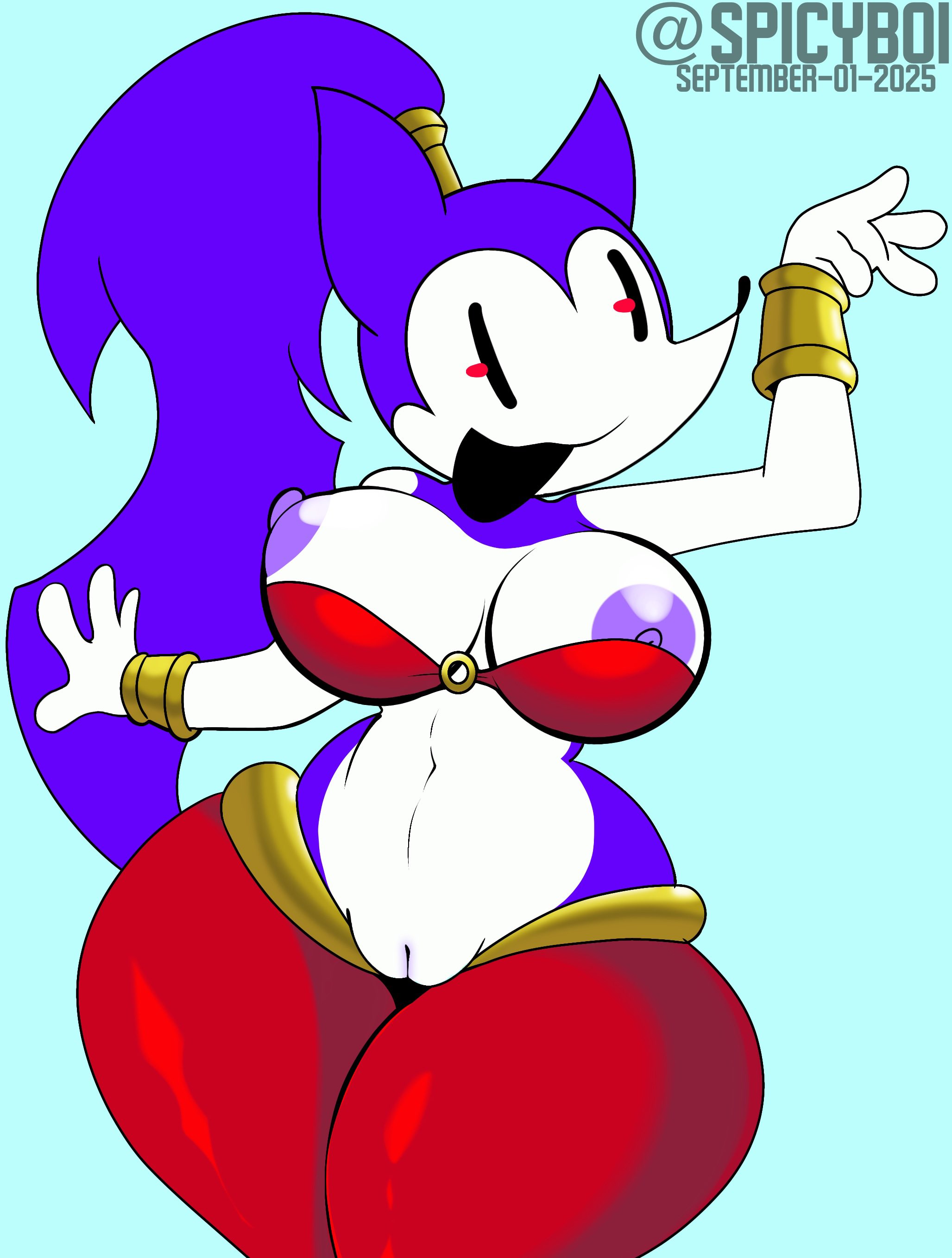 1girls, anthro, areolae, big breasts, black eyes, blue background, breasts, cuffs, dated, female, needlemouse (character), needlemouse (series), nipples, o-ring, o-ring top, pants, ponytail, purple fur, purple nipples, purple pussy, pussy, sarah henderson (needlemouse), shantae (cosplay), shantae needlemouse, sonic.exe (series), spicyboi, tagme, thick thighs, twitter username, white skin