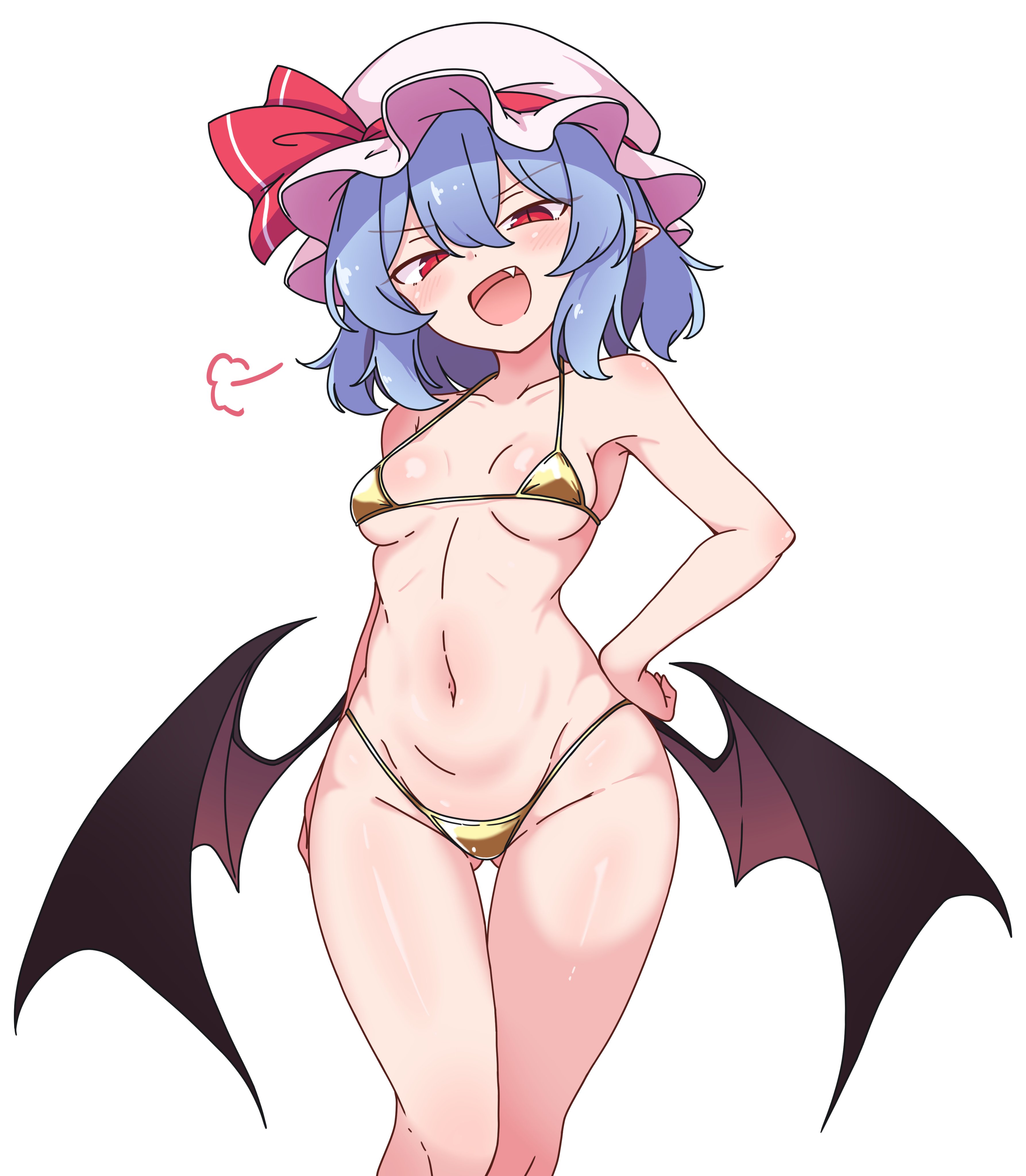 1girls, big breasts, big hips, big thighs, bikini, bikini bottom, bikini top, blue hair, female, female focus, female only, golden bikini, golden week, hips, korra down, medium breasts, micro bikini, red eyes, remilia scarlet, small breasts, touhou, vampire, vampire girl