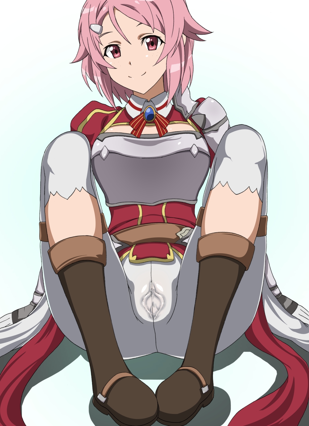 1girls aincrad armor blush boots breasts clitoris female gloves hair_ornament hairclip highres lisbeth pink_eyes pink_hair ps3c0d8f pussy shinozaki_rika short_hair sitting skin_tight smile solo spread_legs sword_art_online uncensored