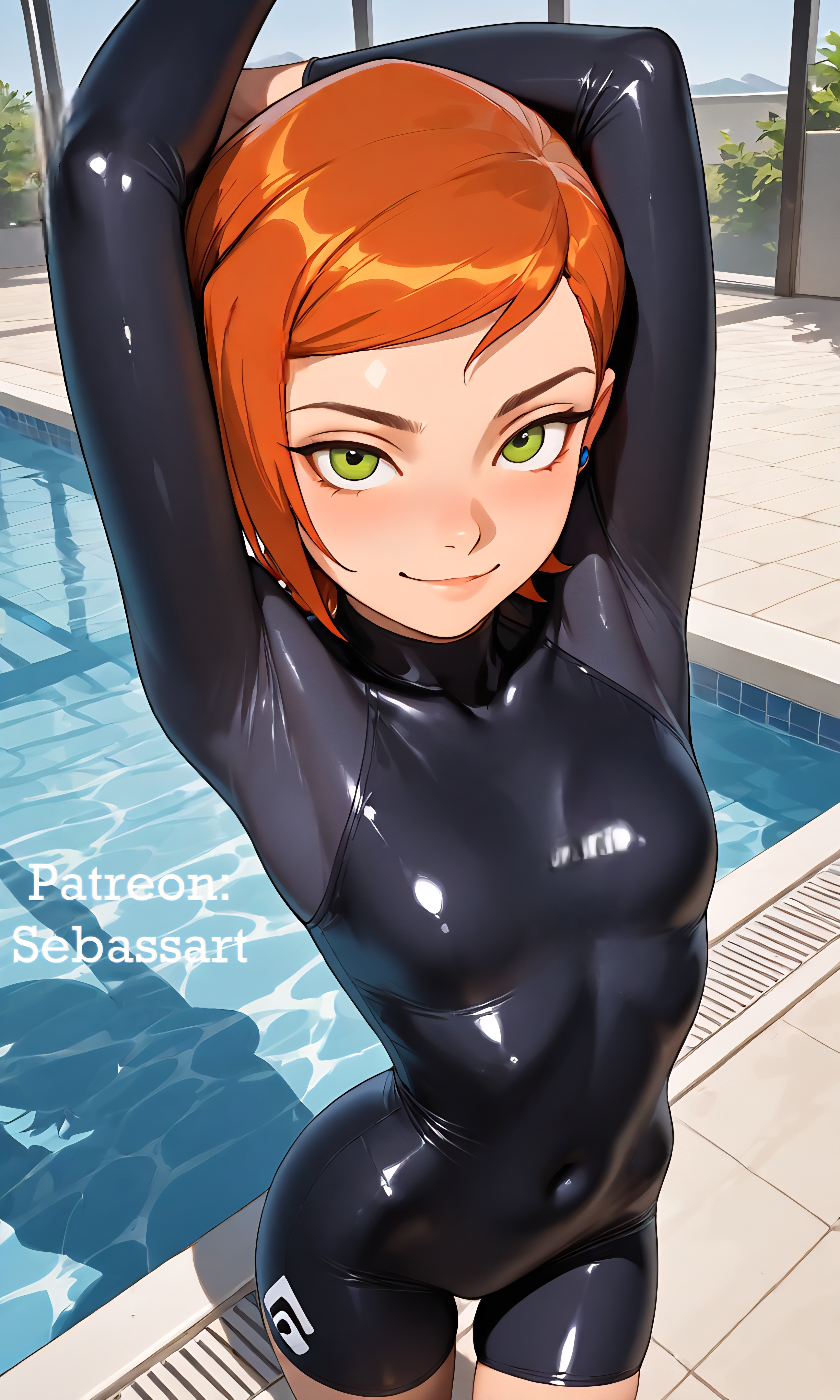 aged up, ai generated, ben 10, blush, bodysuit, female, female only, green eyes, gwen tennyson, latex, latex clothing, mature female, paid reward available, patreon, petite, petite body, png, pool, poolside, red hair, sebassart, seductive, self upload, sexy, spandex, sweat, sweatdrop, swimsuit, thick thighs, thin waist, tight clothing, tight fit, unitard, water, wetsuit
