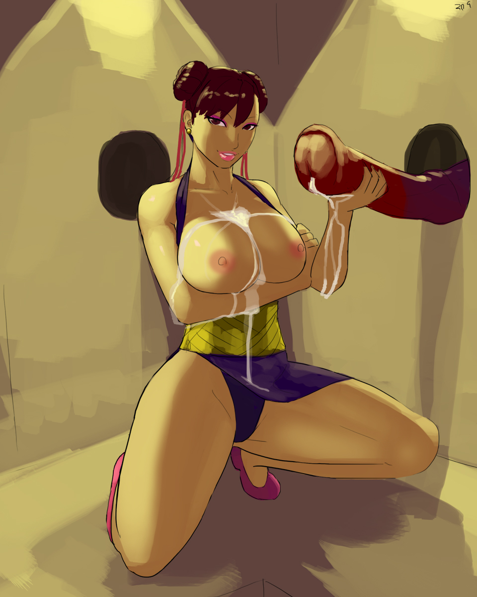 1boy, 1girls, aka6, alternate costume, asian female, blunt penis, breast hold, breasts, breasts out, brown eyes, brown hair, capcom, chun-li, chun-li (battle ouffit sfiv), cum, cum between breasts, cum in cleavage, cum on breasts, cum on chest, cum on hand, cum outside, cum trail, double bun, dress, exposed breasts, female, glory hole, hair, hair bun, hair buns, handjob, highleg, highleg panties, horsecock, huge cock, human, interspecies, kneeling, large breasts, leotard, lipstick, makeup, male, medium breasts, no bra, panties, pelvic curtain, pelvic curtain aside, penis, squatting, straight, street fighter, street fighter iv, uncensored, zoophilia