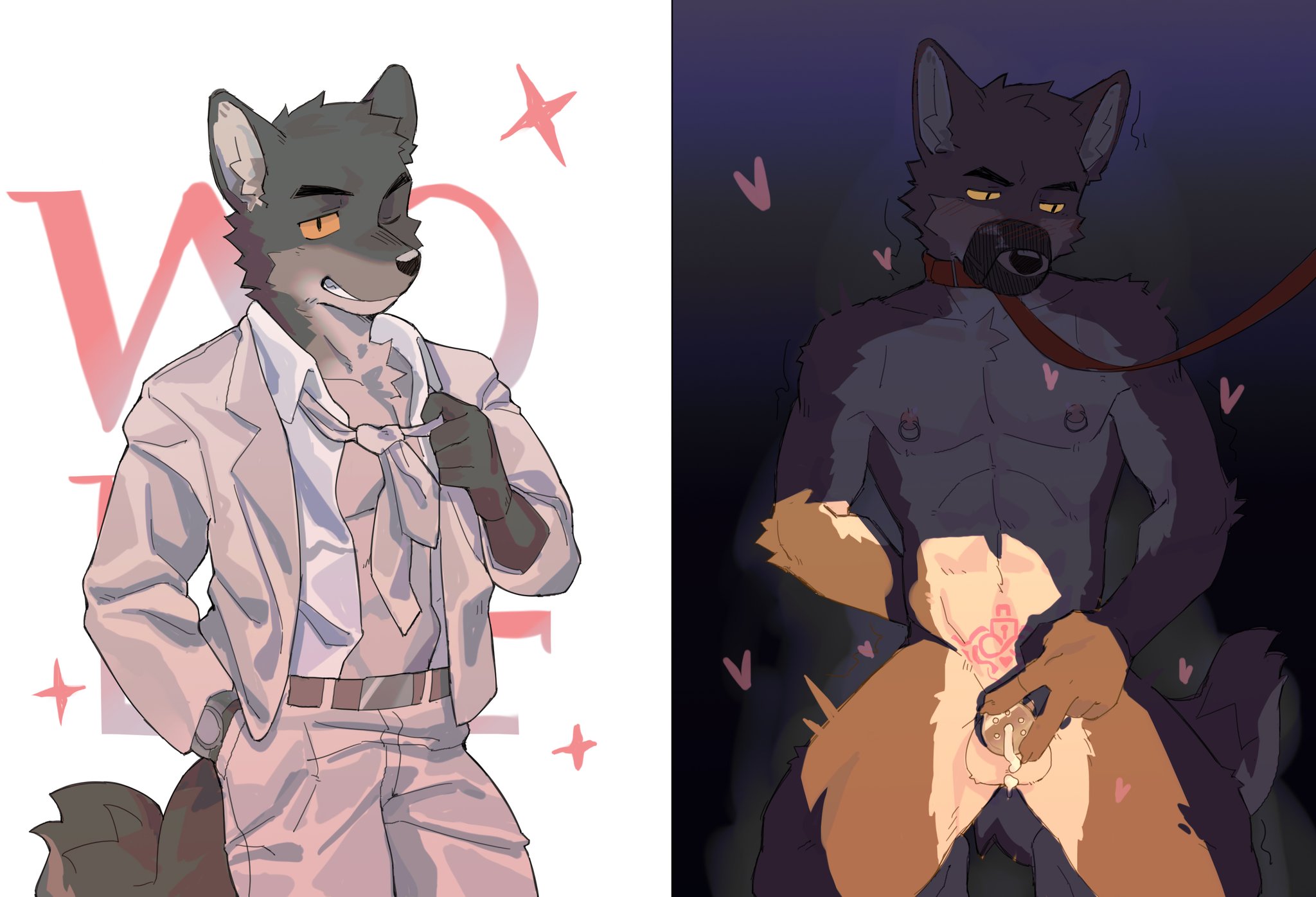 2d, anthro, anthro on anthro, before and after, chastity, chastity cage, chastity device, collar, color, colored, cum, cum drip, cum inside, cyclic cyan, dominant, dominant male, domination, domination loss, furry, furry only, gay, gay domination, gay male, instant loss, instant loss 2koma, male, male focus, male only, male/male, mr. wolf (the bad guys), muscular, muscular male, nipple piercing, nipples, pierced nipples, piercing, piercings, precum, slave, slave collar, submissive, submissive male, tattoo, tattoo on chest, tattoos, the bad guys, wolf, wolf ears, wolf humanoid, wolf tail, yaoi