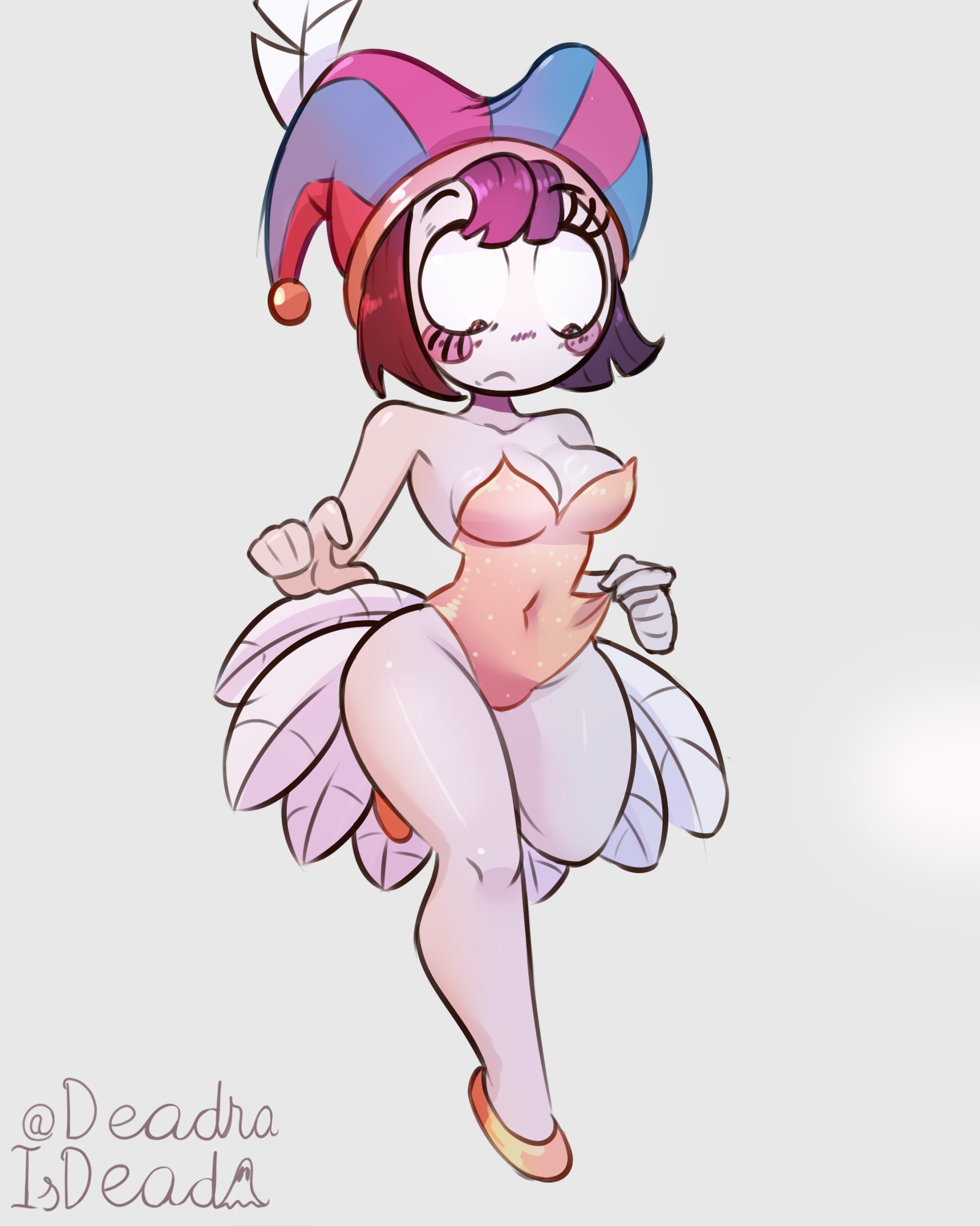 black hair, blush, bodysuit, breasts, cleavage, deadraisdead, feathers, flushed, footwear, jester, jester girl, jester hat, multicolored eyes, navel, pomni (the amazing digital circus), short hair, slim waist, solo, tagme, the amazing digital circus, thick thighs, tight clothing, tugging, tugging clothing, voluptuous, white body, wide hips