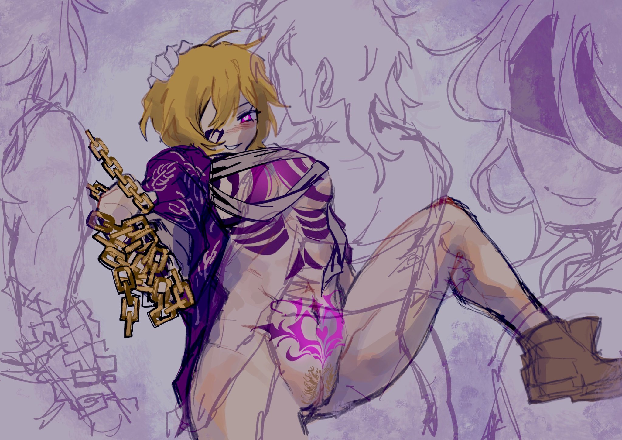 2girls, arm tattoo, belly, blonde hair, breast tattoo, breasts, breasts out, chains, chains around wrists, don quixote (limbus company), heart eyes, heart-shaped pupils, leg tattoo, liliesbloom4me, limbus company, medium breasts, pink eyes, project moon, pubic hair, pubic tattoo, purple, sancho (limbus company), selfcest, shoes, shoes on, stomach tattoo, tattoo, tattoos, tattoos everywhere, the middle (identity) (project moon), thick, yellow hair