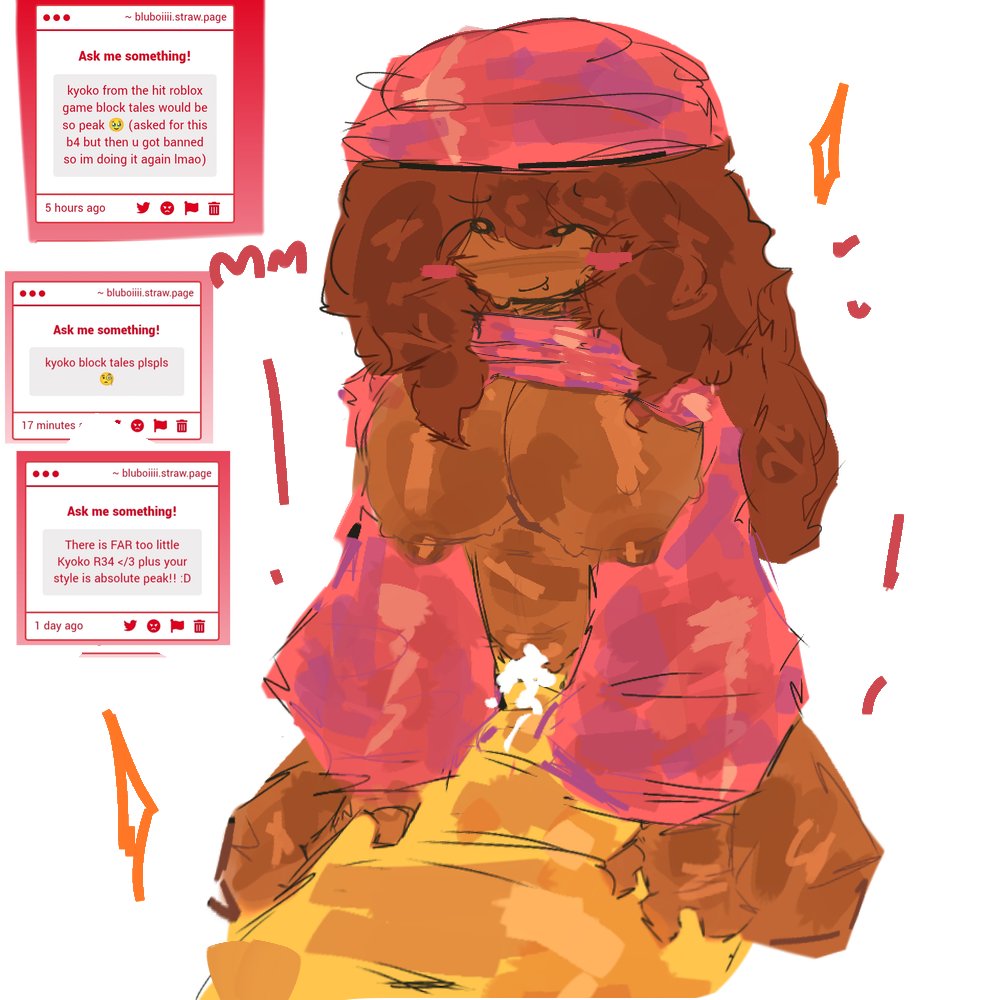 1boy, 1boy1girl, 1girl, 1girls, beanie, block tales, bluboiiii, boobs, breasts, breasts out, brown hair, cum, cum in pussy, cum inside, dark skin, dark-skinned female, female, kyoko (block tales), nude, nude female, pink beanie, pink sweater, player (block tales), roblox, roblox game, robloxian, straight, yellow skin