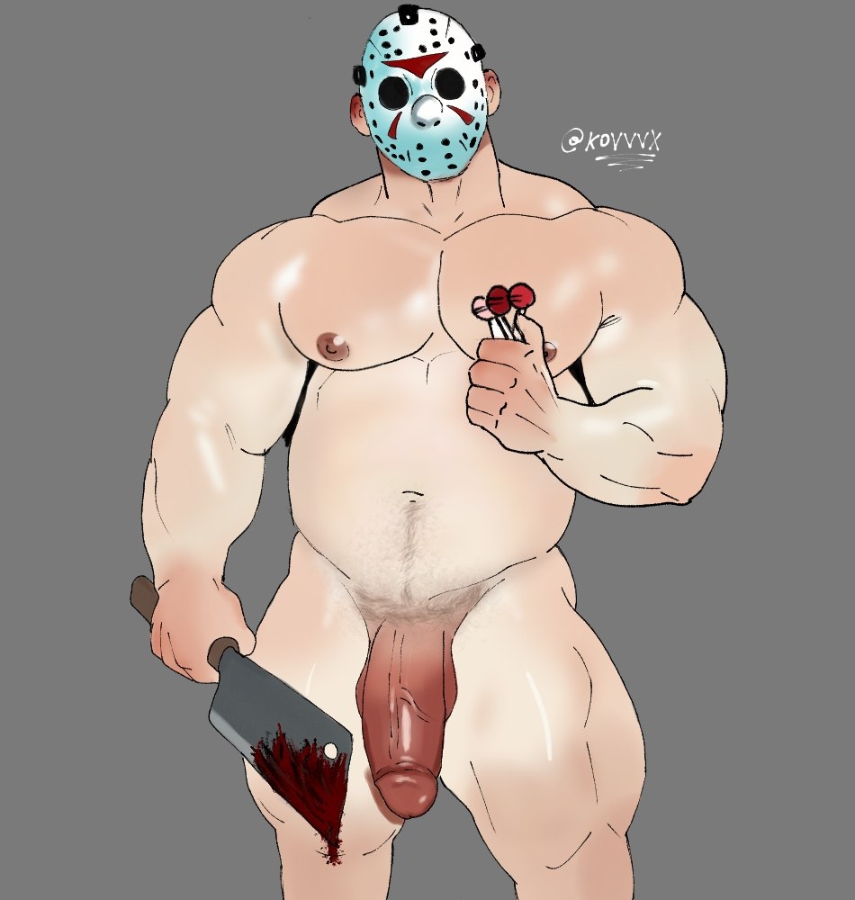 bara, big boy, big penis, blood drip, candy, cleaver, cock, fat, friday the 13th, holding object, jason voorhees, kovvvx, male, male only, maniac, mask, muscular, penis, solo