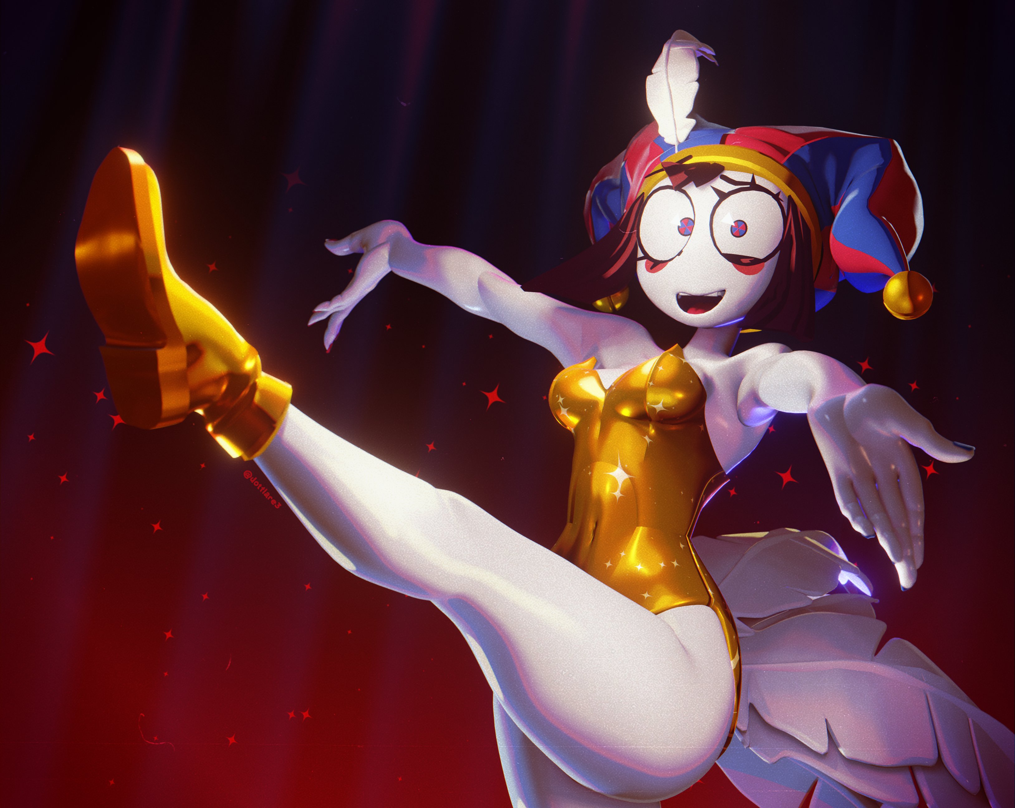 3d, armpits, black hair, blush, bodysuit, boots, breasts, cleavage, dorfloor3, dotflare, jester, jester hat, leg up, looking at viewer, multicolored eyes, open arms, pomni (dorfloor3), pomni (the amazing digital circus), pose, posing, short hair, slim waist, smile, solo, tagme, the amazing digital circus, thick thighs, tight clothing, voluptuous, white body, wide hips