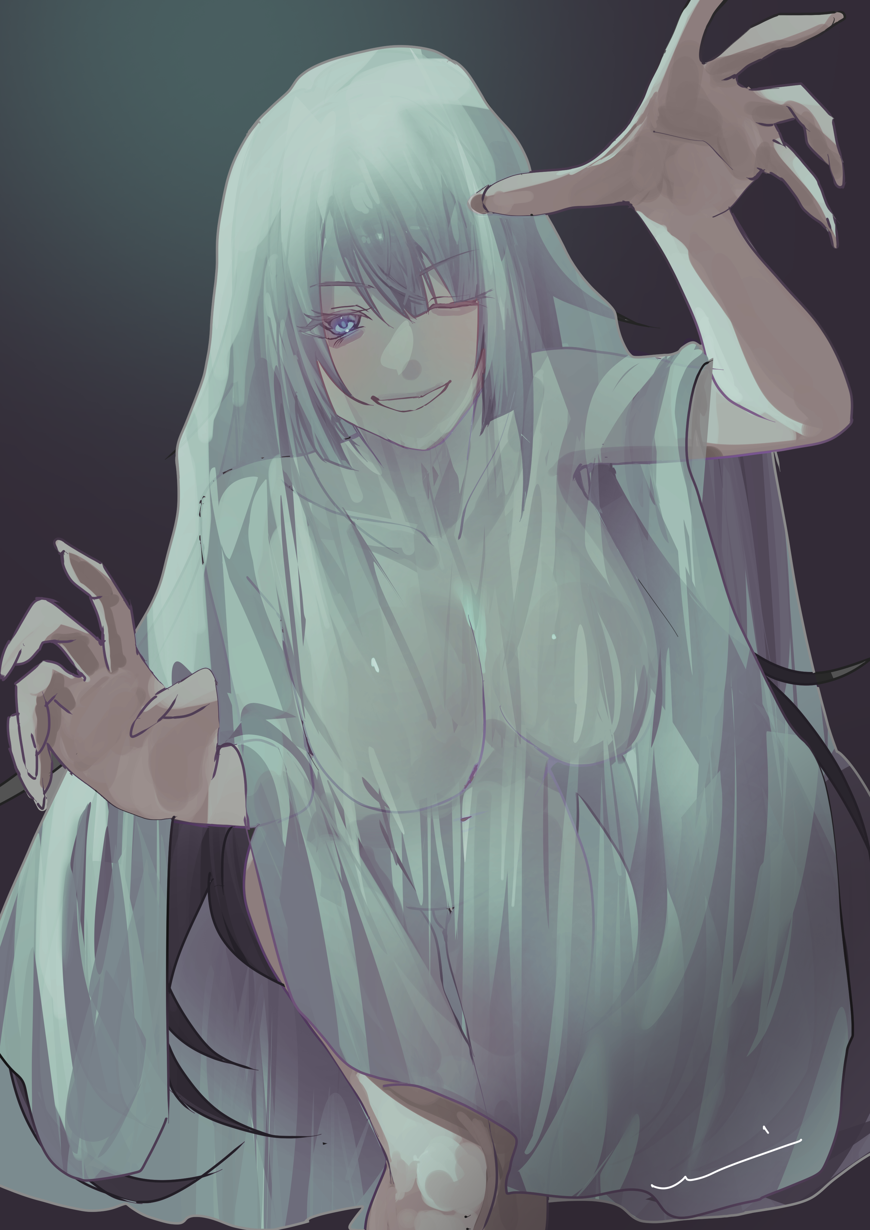 1girls, bakemonogatari, big breasts, blue eyes, blush, blushing, breasts, completely nude, completely nude female, costume, ghost, ghost costume, ghost girl, halloween, halloween costume, huge breasts, large breasts, monogatari (series), nude, nude female, purple hair, see-through, see-through clothing, senjougahara hitagi, standing, thigh gap, thighs, voluptuous, voluptuous female