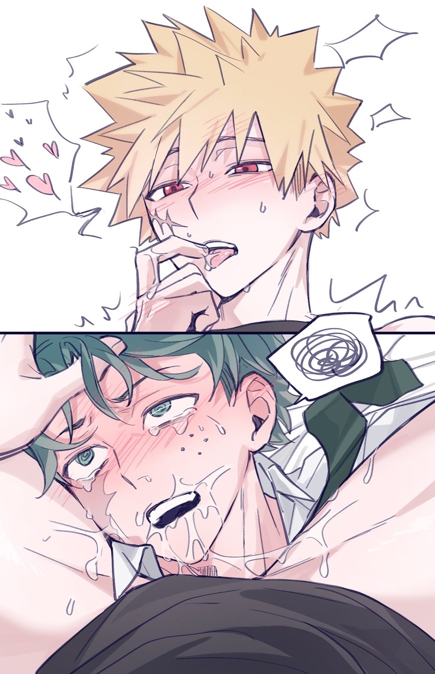 1cuntboy, 1male, 2026, after cunnilingus, after ejaculation, after orgasm, after sex, bakugou katsuki, blissful, blonde hair, blush, blush lines, blushing, boku no hero academia, cuntboy, cuntboy/male, deku, drool, drool on face, drooling, fadeincam, freckles, freckles on face, green eyes, green hair, izuku midoriya, katsuki bakugou, licking, licking fingers, messy hair, midoriya izuku, my hero academia, red eyes, saliva, saliva trail, scar, scar on face, shirt, shirt only, spiky hair