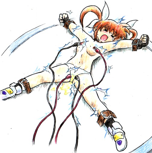 bondage bound_ankles bound_wrists closed_eyes electricity electrocution electrodes electrostimulation helpless mahou_shoujo_lyrical_nanoha nipple_clamps nipple_torture open_mouth panties peeing pussy_torture screaming shoes spread_eagle spread_legs takamachi_nanoha tied_hair topless twintails tyoujiya young