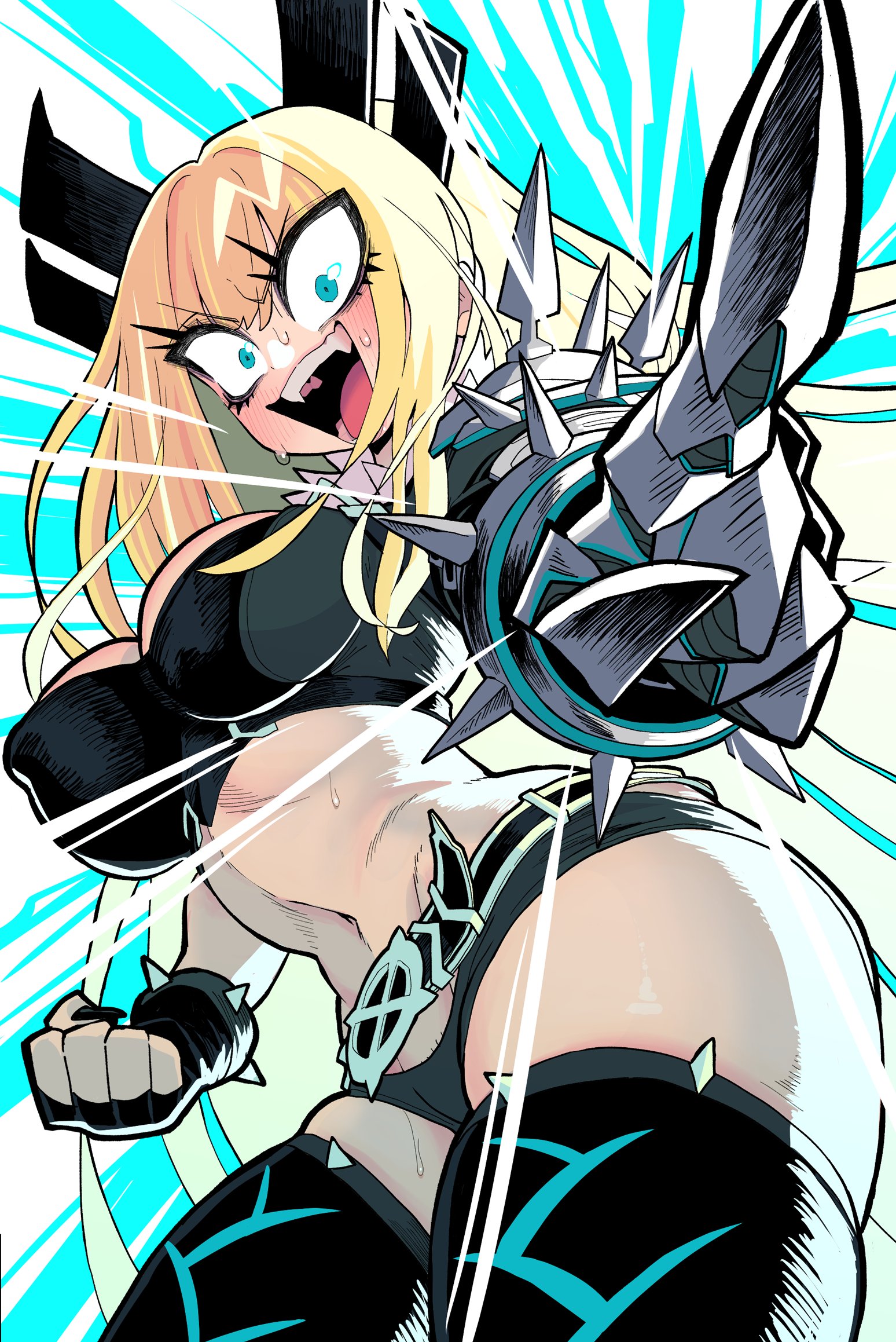 blonde hair, blue eyes, blush, breasts, cleavage, crop top, fit, fit female, gashi-gashi, gauntlet, gloves, headgear, long hair, looking at viewer, magik (illyana rasputin), magik (marvel tokon), marvel, marvel tokon: fighting souls, navel, pointing at viewer, shorts, slim waist, smile, stockings, sweat, sweatdrop, sweating, tagme, thick thighs, tight clothing, topwear, uejini, viewed from below, wide hips