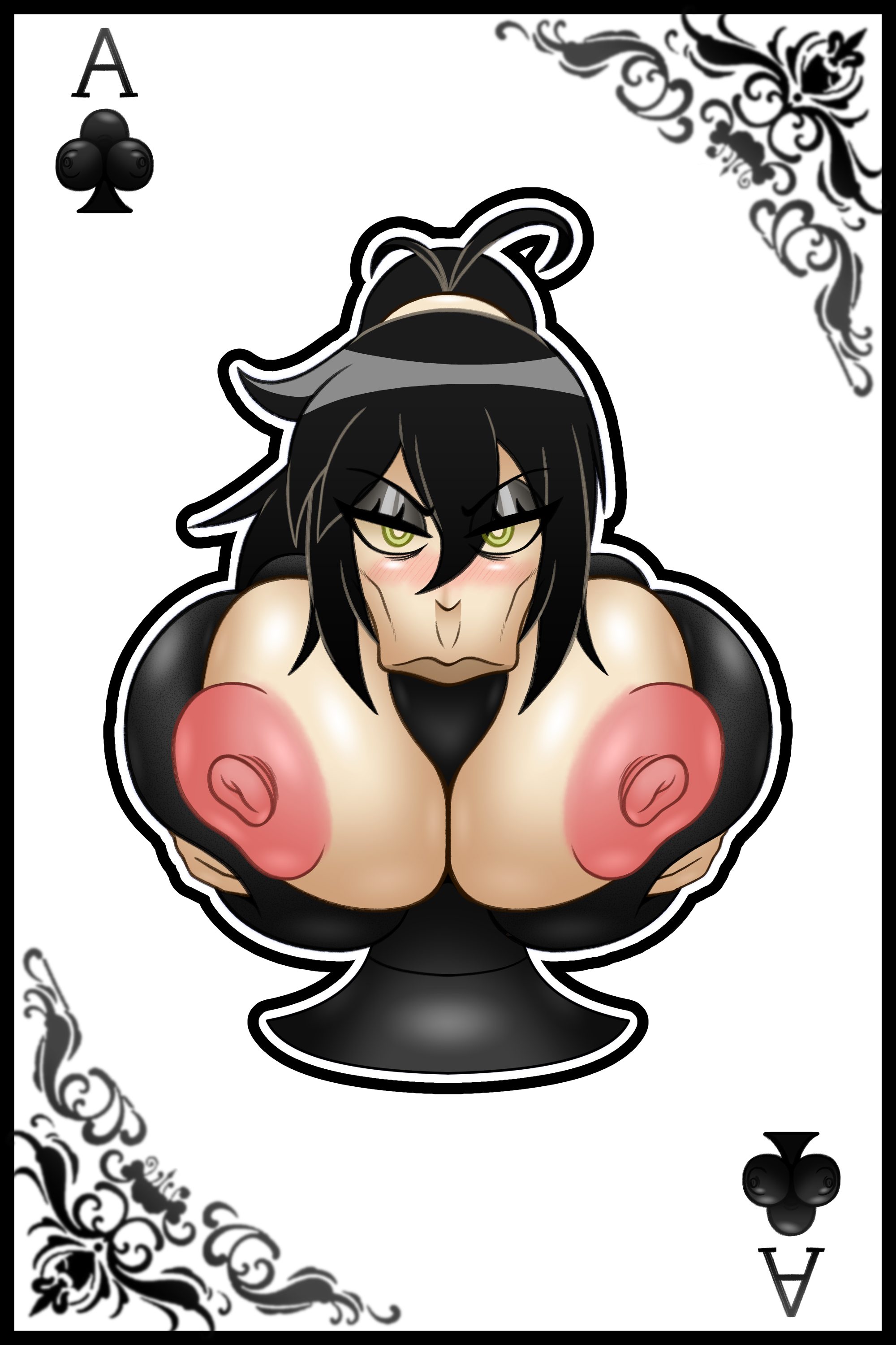 :>=, 1girls, areolae, big breasts, black hair, blowjob, breasts, busty, fellatio, female, female only, huge breasts, large breasts, looking at viewer, milf, mother, nipples, normi, paizuri, paizuri fellatio, png, renee graves, solo, the coffin of andy and leyley