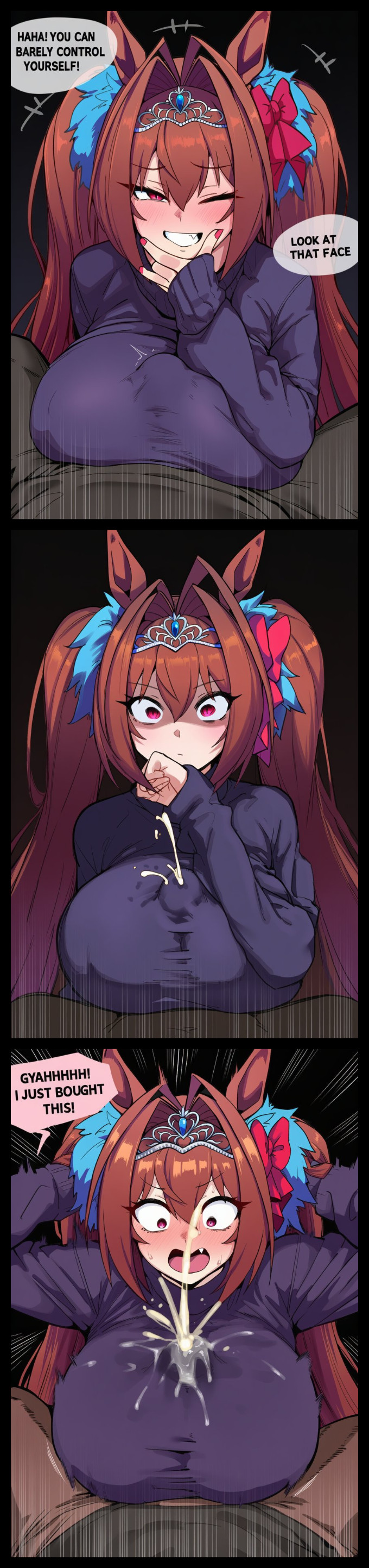 1boy 1girls 2d ai_generated animal_ears big_breasts big_cock big_penis blush bow breasts brown_hair cock comic cum cum_on_body cum_through_clothes cum_through_clothing daiwa_scarlet_(umamusume) dark-skinned_male dark_skin ejaculation english english_text female grin hair_intakes horse_ears horse_girl huge_breasts large_breasts large_cock large_penis long_hair long_sleeves looking_at_viewer male male/female motion_lines oerba_yun_fang one_eye_closed open_mouth paizuri paizuri_under_clothes penis pov red_eyes sloppingslurpie smile solo_focus speech_bubble straight surprised surprised_expression sweater teasing teasing_viewer text thighs tiara twintails umamusume umamusume_pretty_derby unwanted_cumshot very_long_hair