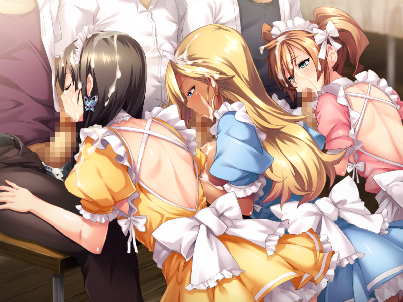 3boys 3girls angelo_(gomahangetsu) back black_hair blonde_hair blue_eyes blush breasts brown_hair censored chair closed_eyes cum cum_in_mouth cum_on_breasts cum_on_hair cum_on_upper_body earrings facial fellatio fffmmm_sixsome game_cg green_eyes highres hirakawa_natsumi_(jk_bitch_sannin_musume!) jk_bitch_sannin_musume! kneeling large_breasts light-skinned_female light-skinned_male light_skin long_hair maid maid_headdress multiple_boys multiple_girls nishizawa_shizuku oral orgy penis sasamori_anna sitting sixsome tied_hair twintails whooosaku