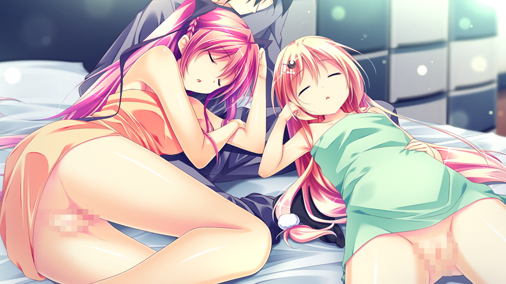 1boy 2girls bed blonde_hair blush breasts carrot_lu_angora censored closed_eyes collarbone cuddling flat_chest game_cg hair kanojo_ga_ore_ni_kureta_mono._ore_ga_kanojo_ni_ageru_mono. kojima_neneko large_breasts long_hair mosaic_censoring multiple_girls naked_towel navel nude onomatope open_mouth pillow pussy red_hair shiratama sleeping thighs towel