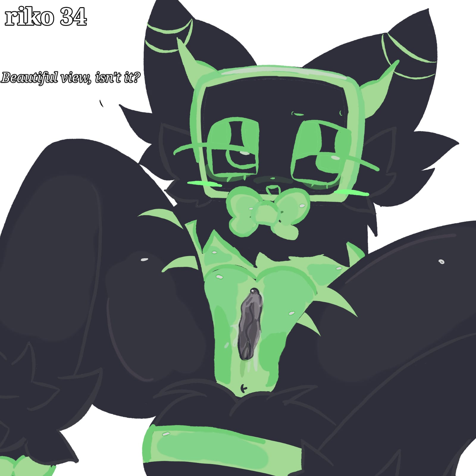 1girl, artist name, ass, bee girl, big pussy, character name, dandy's world, dandys world, dialogue, dw, furry robot, green body, green eyes, green pussy, horny female, nonhuman, pussy, pussy focus, pussy juice, pussy on screen, rikoriri, rule34, screen, tagme, tv, vee (dandy's world)