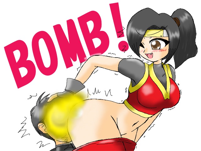 ass black_hair blush eight_marbles fart female femdom momoka_(eight_marbles) ninja pants_down wide_hips yellow_eyes