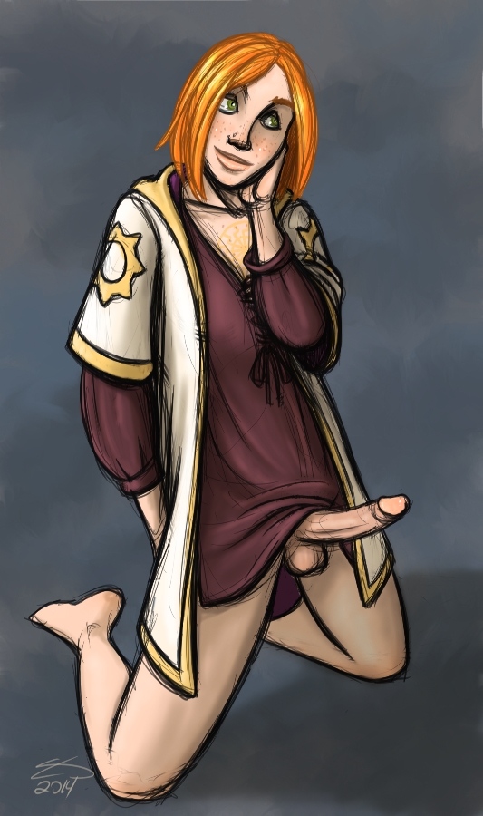 1futa bottomless coat dungeons_and_dragons elf erection freckles futa_only futanari green_eyes intersex kneeling light_skin lightbringer_(lostdreams) lostdreams orange_hair original red_hair shirt smile solo uncensored