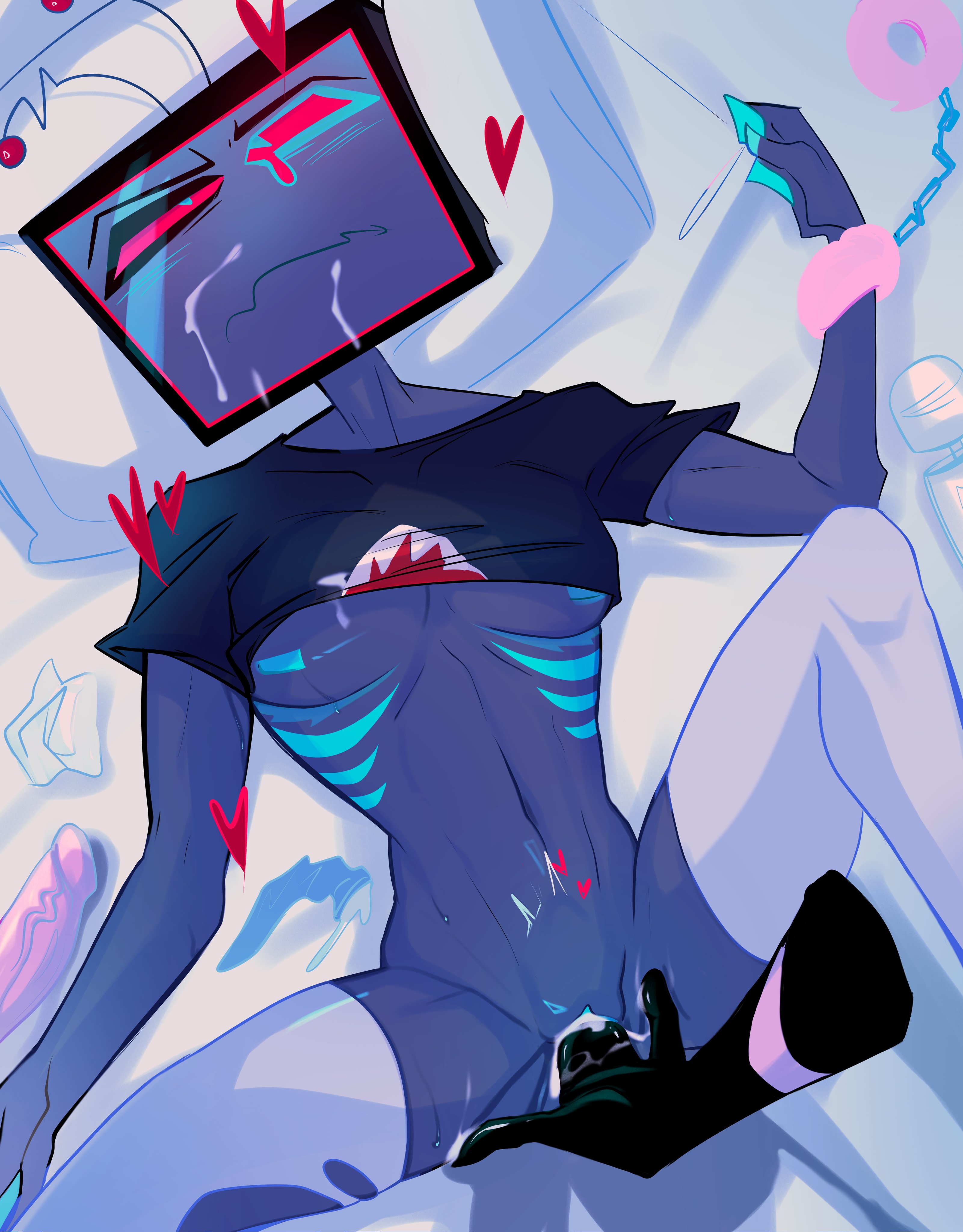2boys, after sex, antennae (anatomy), belly bulge, blue body, blue skin, blush, bottomless, cum, cum in pussy, cum inside, cum on face, cuntboy, cuntboy/male, dildo, fingering, gay, gills, handcuffs, hazbin hotel, heart, legwear, nipples, on bed, pussy, scars, shroom (artist), socks, thick thighs, thighs, torn legwear, trans man, transmasc, tv head, used condom, valentino (hazbin hotel), vox (hazbin hotel), white legwear, yaoi