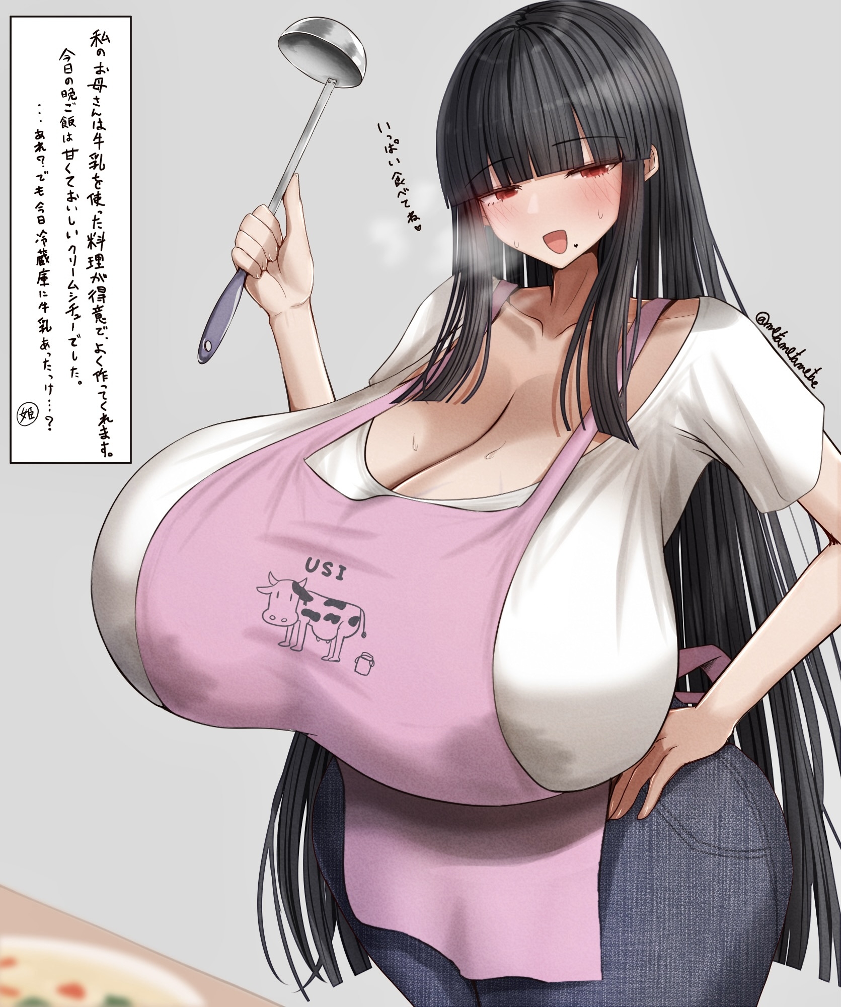 1girls, alternate version available, apron, artist name, bangs, big breasts, black hair, blunt bangs, blush, breasts, breasts bigger than head, busty, cleavage, clothed, clothing, collarbone, curvaceous, curvy, curvy female, curvy figure, eyebrows, eyebrows visible through hair, eyelashes, female, female focus, female only, gigantic breasts, hand on hip, heart-shaped mole, himekawa-mama (metae), hourglass figure, hourglass figured female, huge breasts, japanese text, lactating, lactation, lactation through clothes, ladle, large breasts, light skin, light-skinned female, long hair, looking at viewer, massive breasts, metae, milf, milk stain, mole, mole under mouth, mother, open mouth, original, original character, pants, red eyes, solo, solo female, solo focus, steamy breath, sweatdrop, talking to viewer, text, thick thighs, thighs, top heavy, top heavy breasts, veiny breasts, voluptuous, voluptuous female, watermark, wide hips