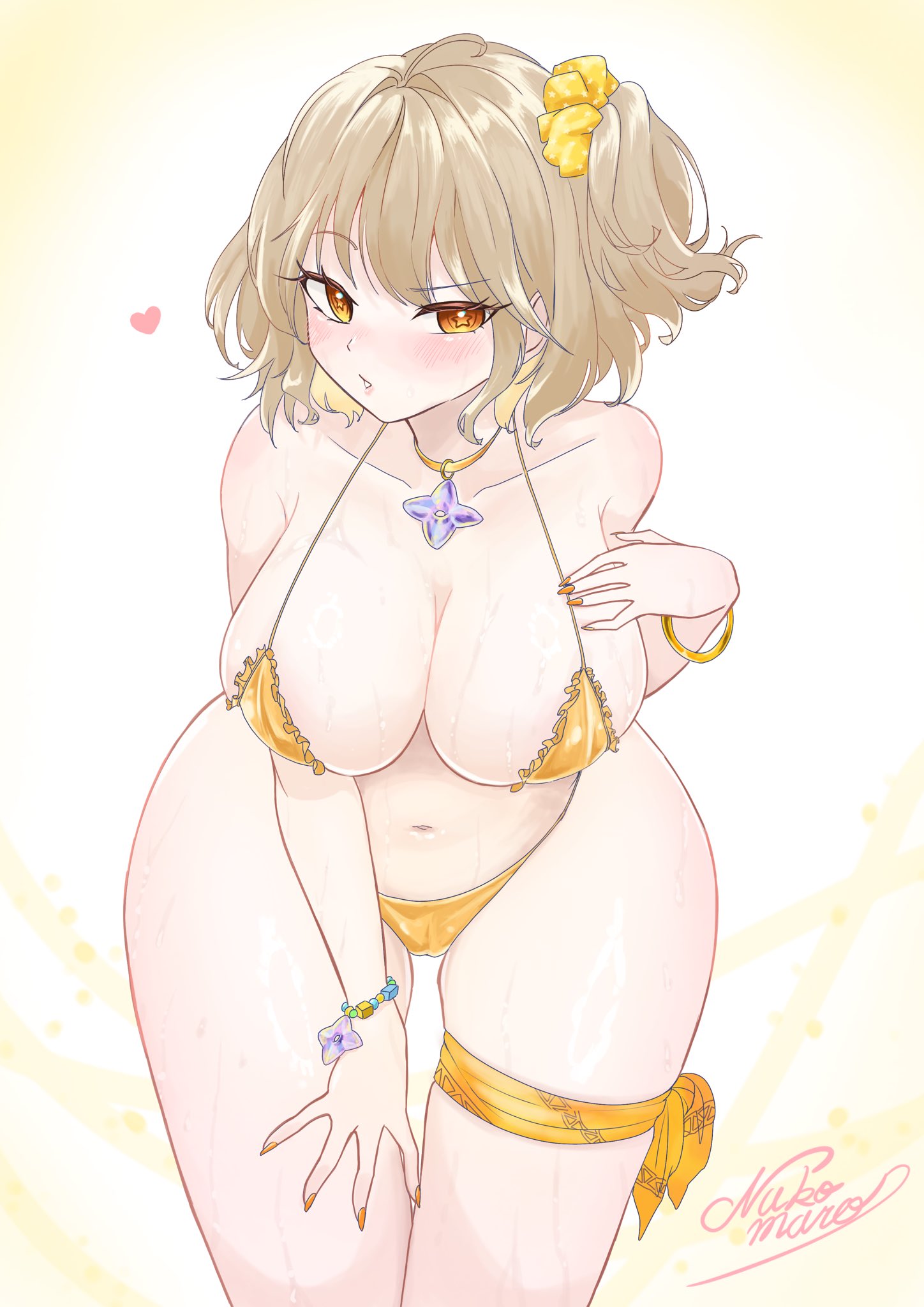 anis (nikke), ass visible through thighs, bent over, bikini, blush, bracelet, frills, gigantic ass, goddess of victory: nikke, gold bikini, hand on lap, heart, huge breasts, looking at viewer, micro bikini, naughty face, puckered lips, scrunchie, seductive, seductive look, signature, thick thighs, thigh strap, wide hips, wrist scrunchie, yellow nails