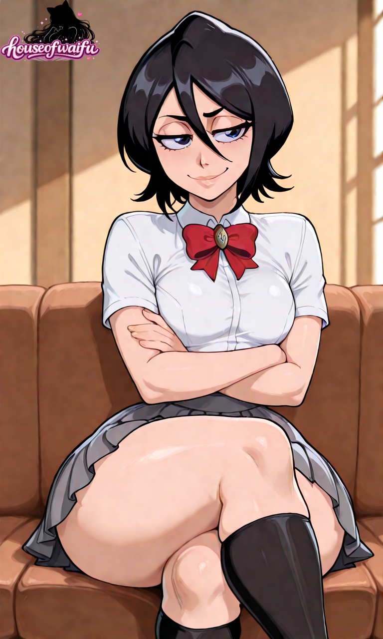 1girls, ai art, ai generated, ai-created, big thighs, black hair, bleach, bleach: the thousand-year blood war, breasts, cute, cute face, female, female focus, female only, front view, hair between eyes, houseofwaifu, kuchiki rukia, light-skinned female, medium breasts, purple eyes, school uniform, schoolgirl, schoolgirl uniform, seductive, seductive look, seductive smile, slim waist, solo, thick thighs, tiny waist, wide thighs