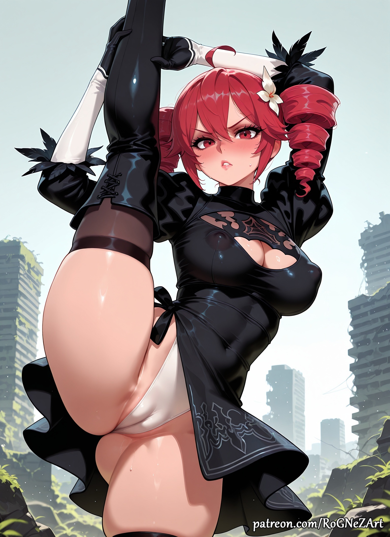 1girls, 2026, ahoge, ai generated, anime, ass, big breasts, black dress, black footwear, black gloves, black thighhighs, blush, boots, breasts, buttocks, cameltoe, cleavage, cleavage cutout, clothing cutout, cosplay, covered eyes, covered nipples, crossover, dress, drill hair, eye contact, feather-trimmed sleeves, female, female focus, female only, flower, flushed, from behind, full body, gloves, hair accessory, hair flower, hair ornament, handwear, high heel boots, high heels, highres, huge breasts, juliet sleeves, kasane teto, large breasts, leg up, leotard, long sleeves, looking at viewer, nier, nier (series), nier: automata, nsfw, outdoors, parted lips, partially visible vulva, patreon, patreon username, puffy sleeves, red eyes, red hair, rognezart, shiny, solo, split, standing, standing on one leg, standing split, sweat, sweaty, thick thighs, thigh boots, thigh gap, thighhighs, thighhighs under boots, thighs, twin drills, vocaloid, watermark, web address, white leotard, yorha 2b (cosplay), yorha no. 2 type b