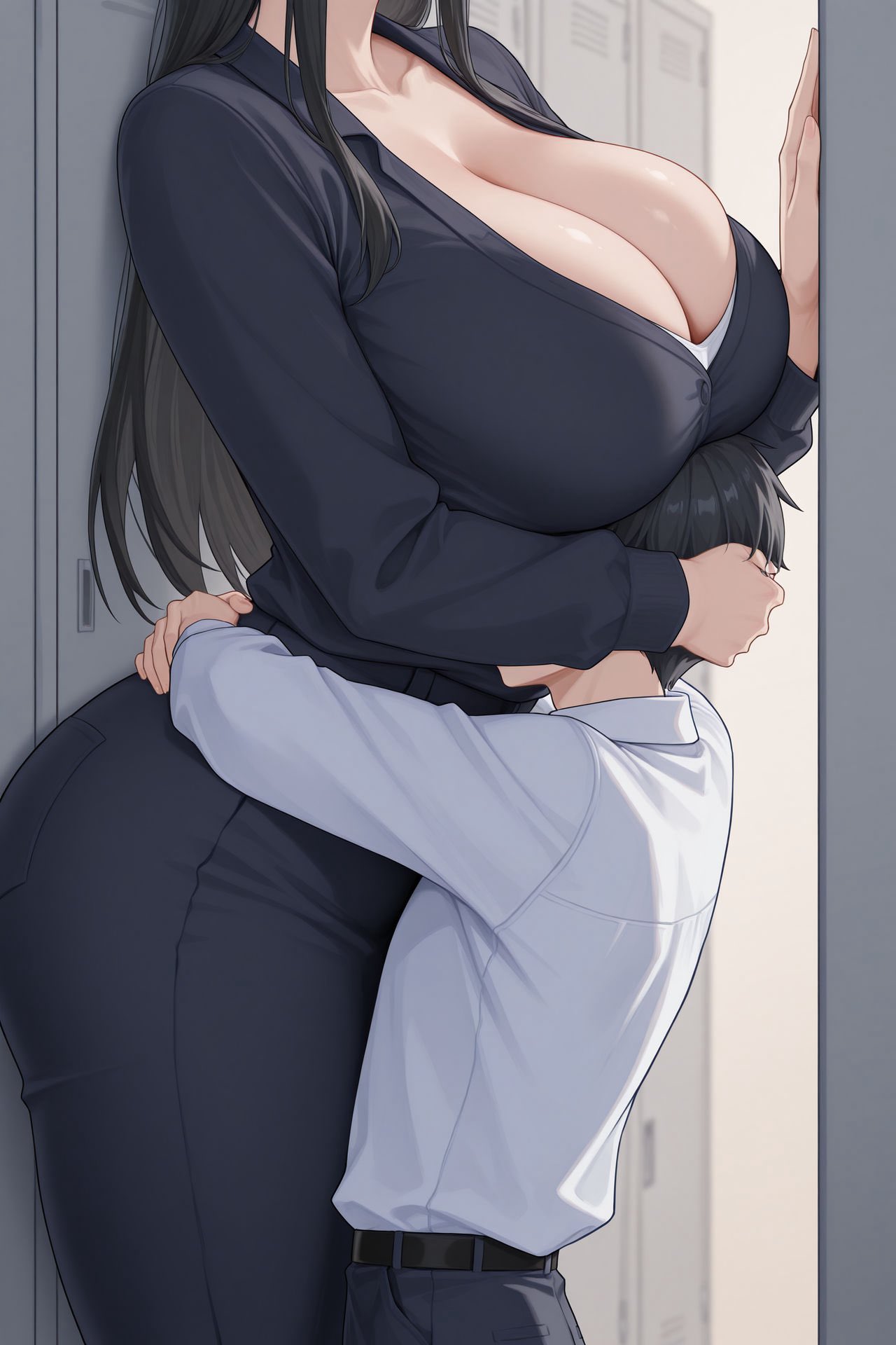 1boy, 1girls, ai generated, big breasts, breasts, cleavage, female, giantess, gtsrak, height difference, hug, hugging, large boobs, large breasts, light skin, light-skinned female, long hair, long hair female, male, mini giantess, short hair, short hair male, size difference, thick thighs, thighs