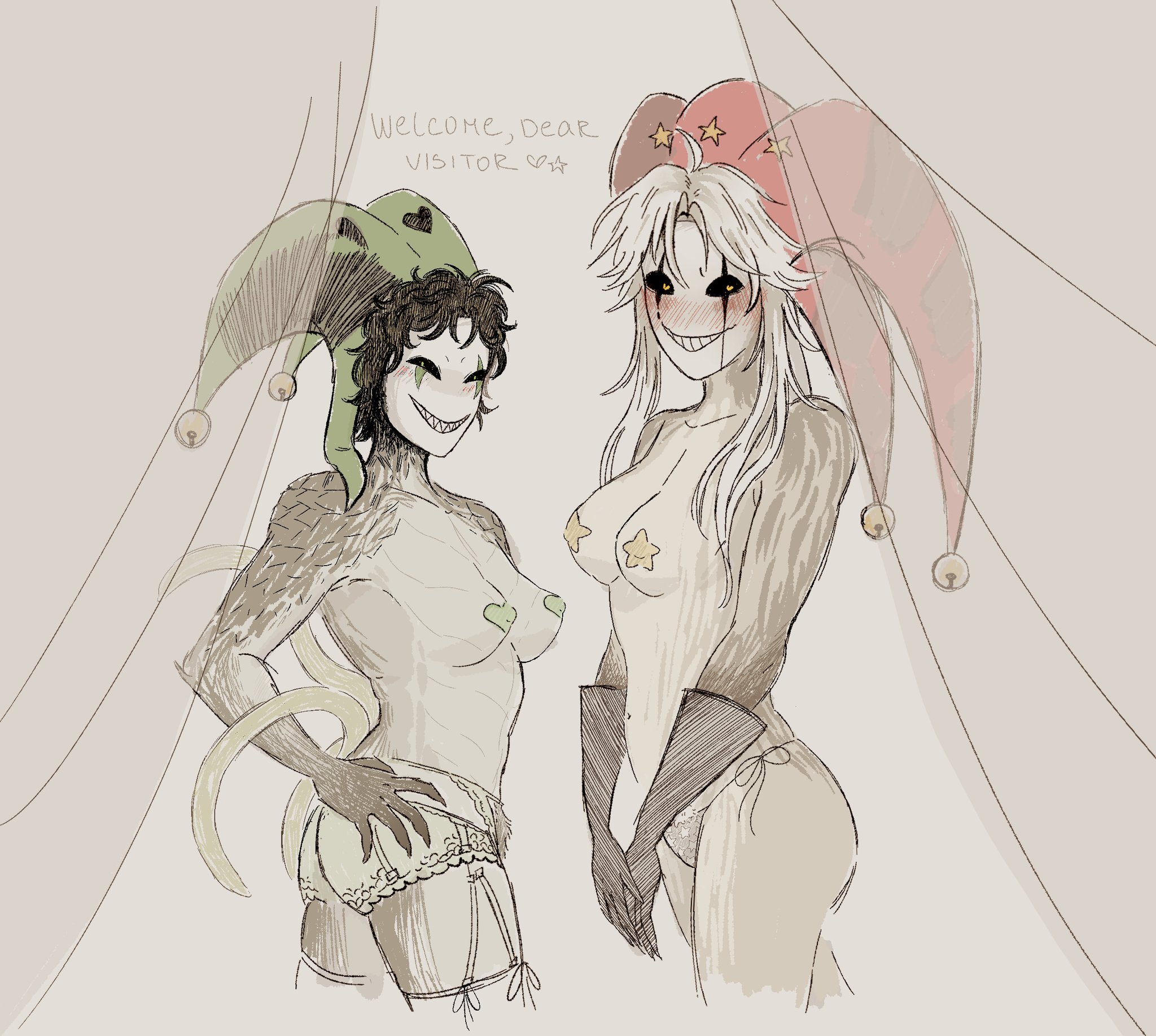 breasts, circus, clowns, female focus, females, females only, genderbent, harlequin (the freak circus), lingerie, partial, partially nude, pierrot (the freak circus), rule 63, smiling at viewer, the freak circus