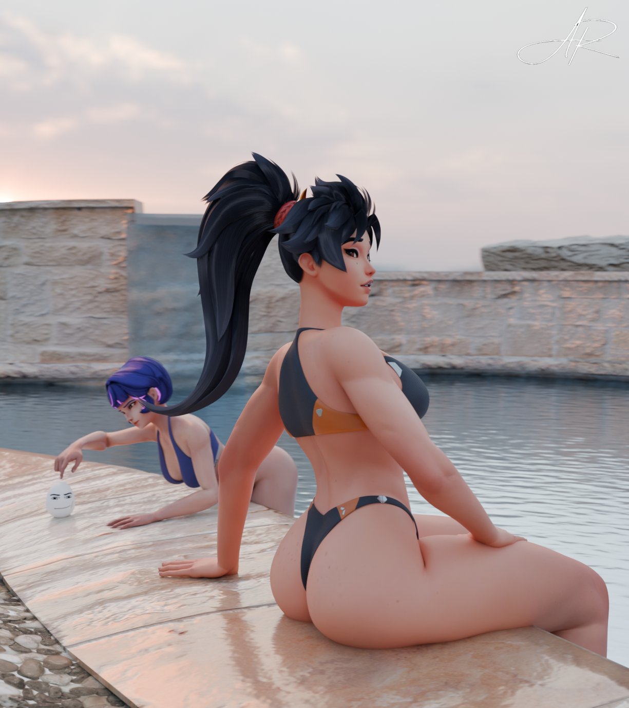 2girls, 3d, anran, ass, bikini, breasts, curvy, female, female only, juno (overwatch), long hair, looking at another, mrrojas21, overwatch, pole, pose, posing