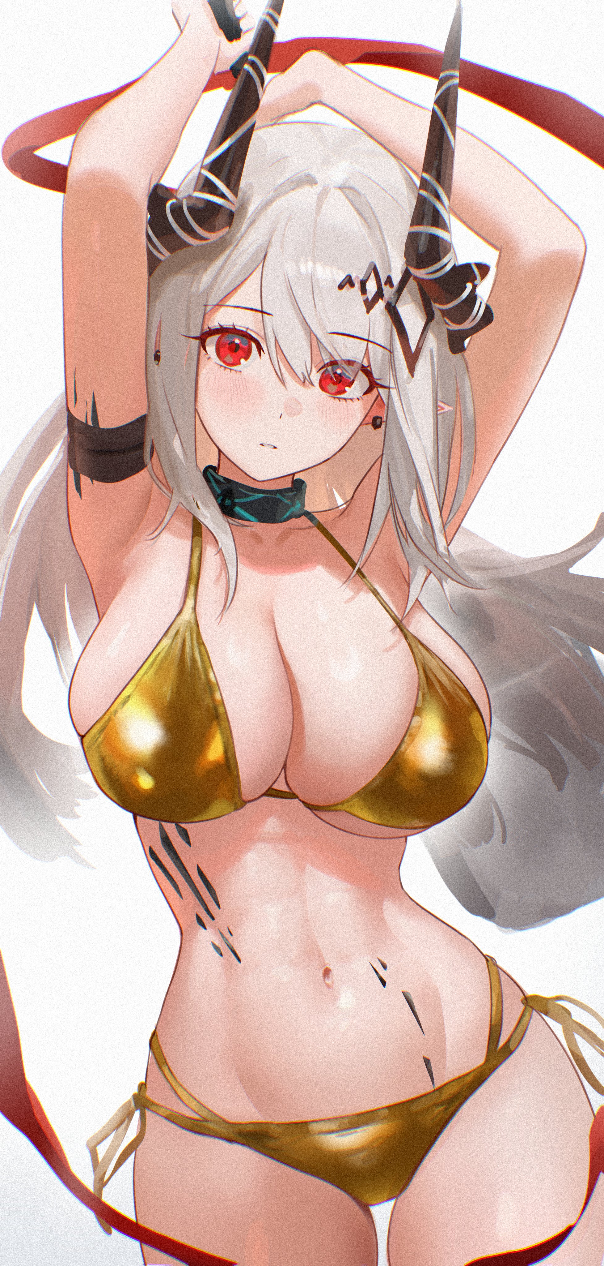 1girl, absurdres, alternate costume, arknights, armpits, arms up, bikini, black choker, black horns, blush, breasts, choker, cleavage, commentary request, female, female only, gold bikini, grey hair, hair between eyes, highres, horns, infection monitor (arknights), large breasts, long hair, looking at viewer, material growth, mudrock (arknights), navel, oripathy lesion (arknights), parted lips, pointy ears, red eyes, revision, side-tie bikini bottom, sideboob, simple background, solo, stomach, swimsuit, thighs, toned, toned female, uof, white background