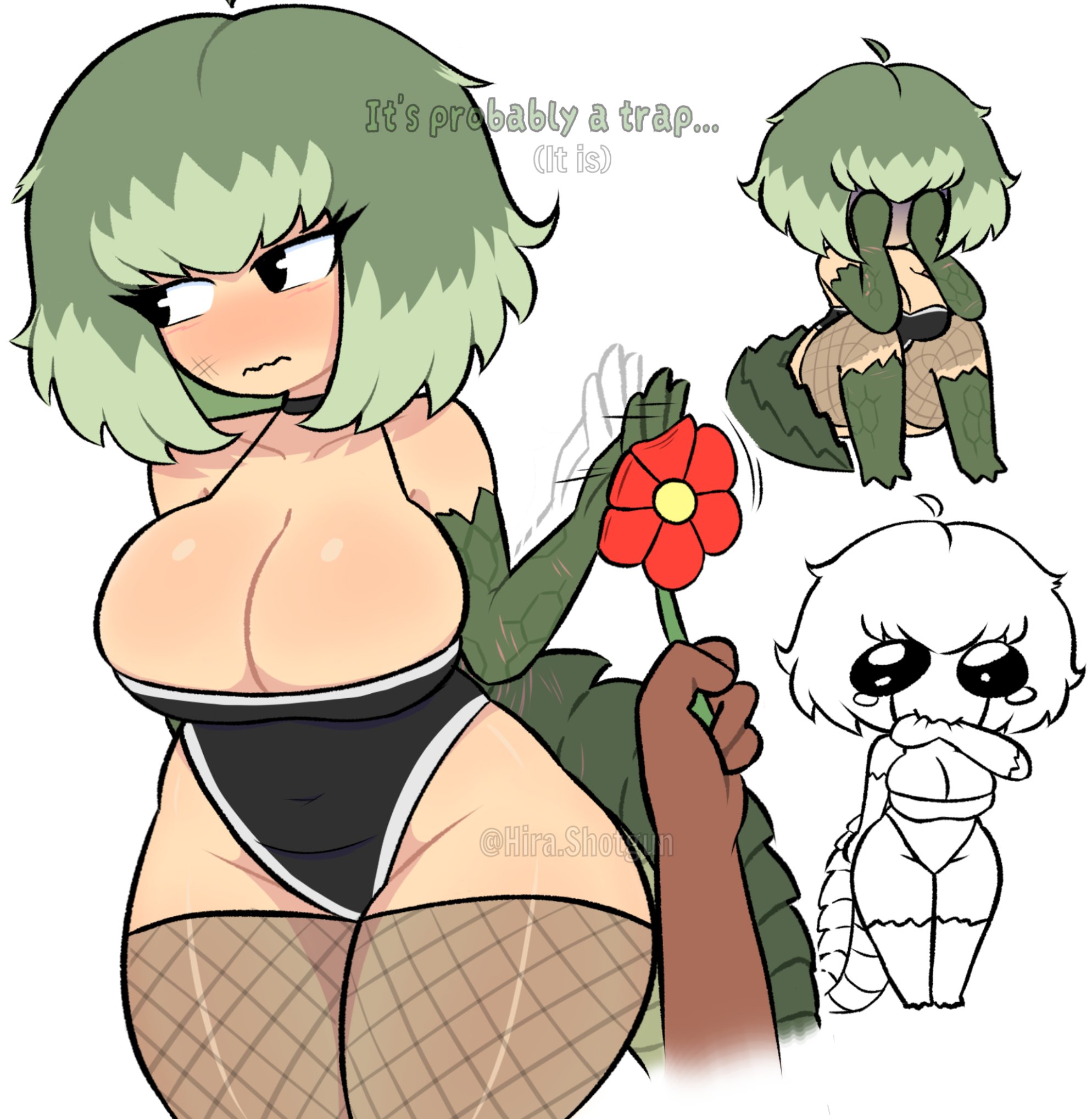 1girls, big breasts, big thighs, curvy female, dinosaur girl, female only, flower, green hair, hira.shotgun, offering flower, original character, revealing clothes, tagme, tail, thick thighs, tights