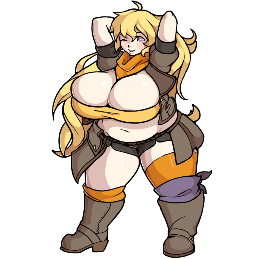 1girls big_breasts blonde_hair breasts chubby color fat female fully_clothed huge_breasts long_hair morningpanda overweight rwby slightly_chubby solo transparent_background yang_xiao_long