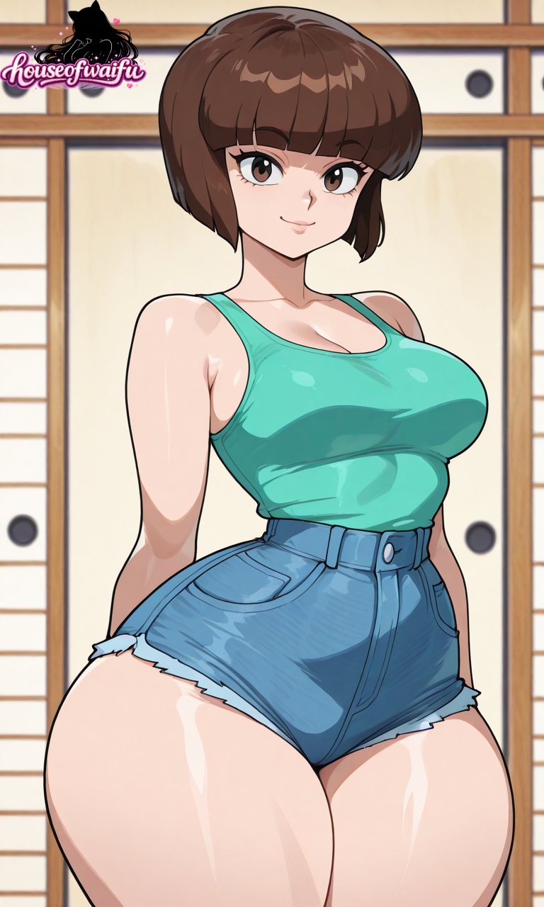ai art, ai generated, ai-created, bob cut, brown eyes, brown hair, curvaceous, curvy, curvy female, curvy figure, cute, cute face, denim, denim shorts, female, female focus, female only, houseofwaifu, nabiki tendo, ranma 1/2, slim waist, tank top, thick thighs, thighs, tiny waist, wide hips
