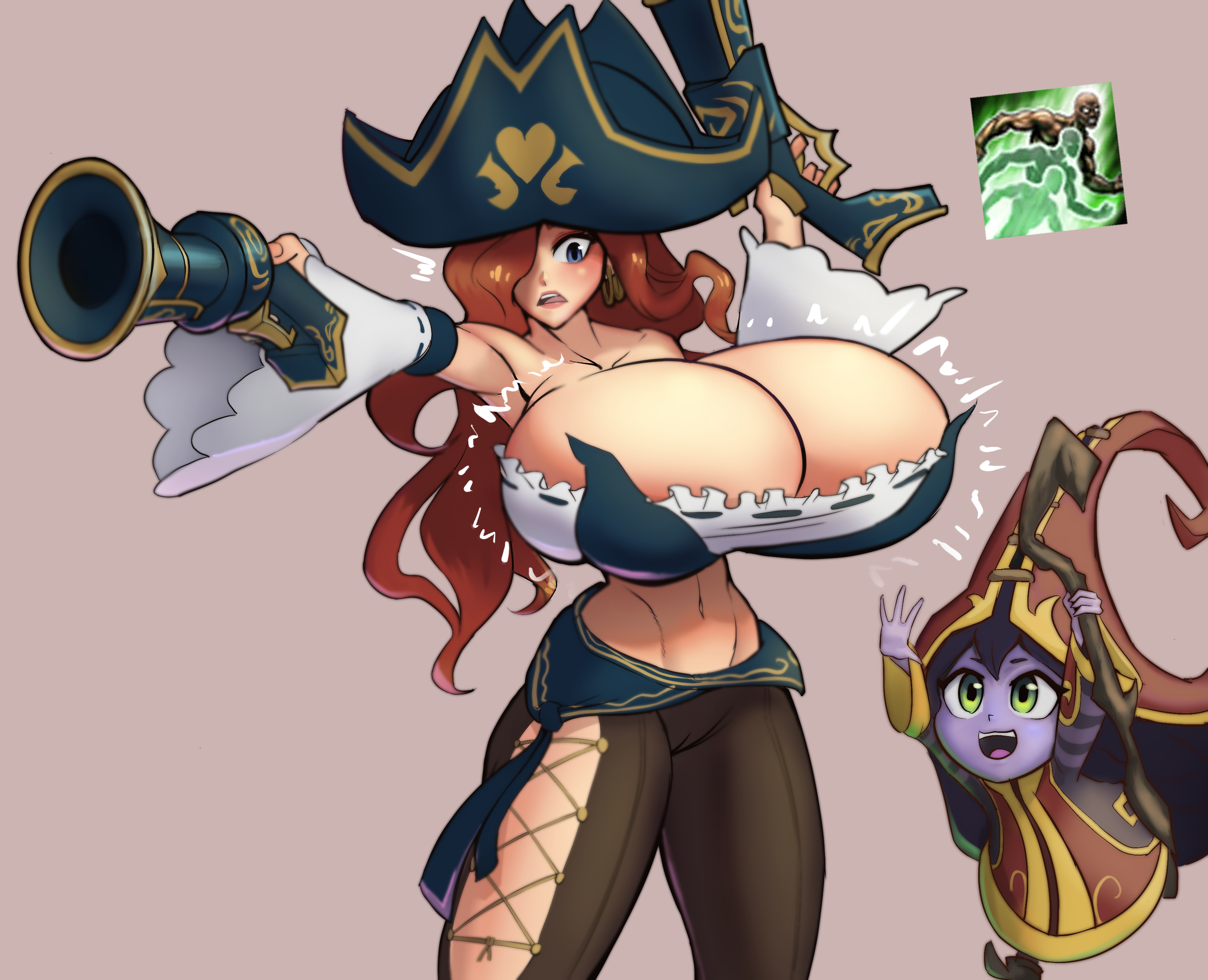 belly button, breast expansion, breast focus, chell chain, cleavage, female, female focus, female only, gigantic breasts, gun, guns, league of legends, lulu the fae sorceress, miss fortune, sarah fortune, tagme, textless, thighs