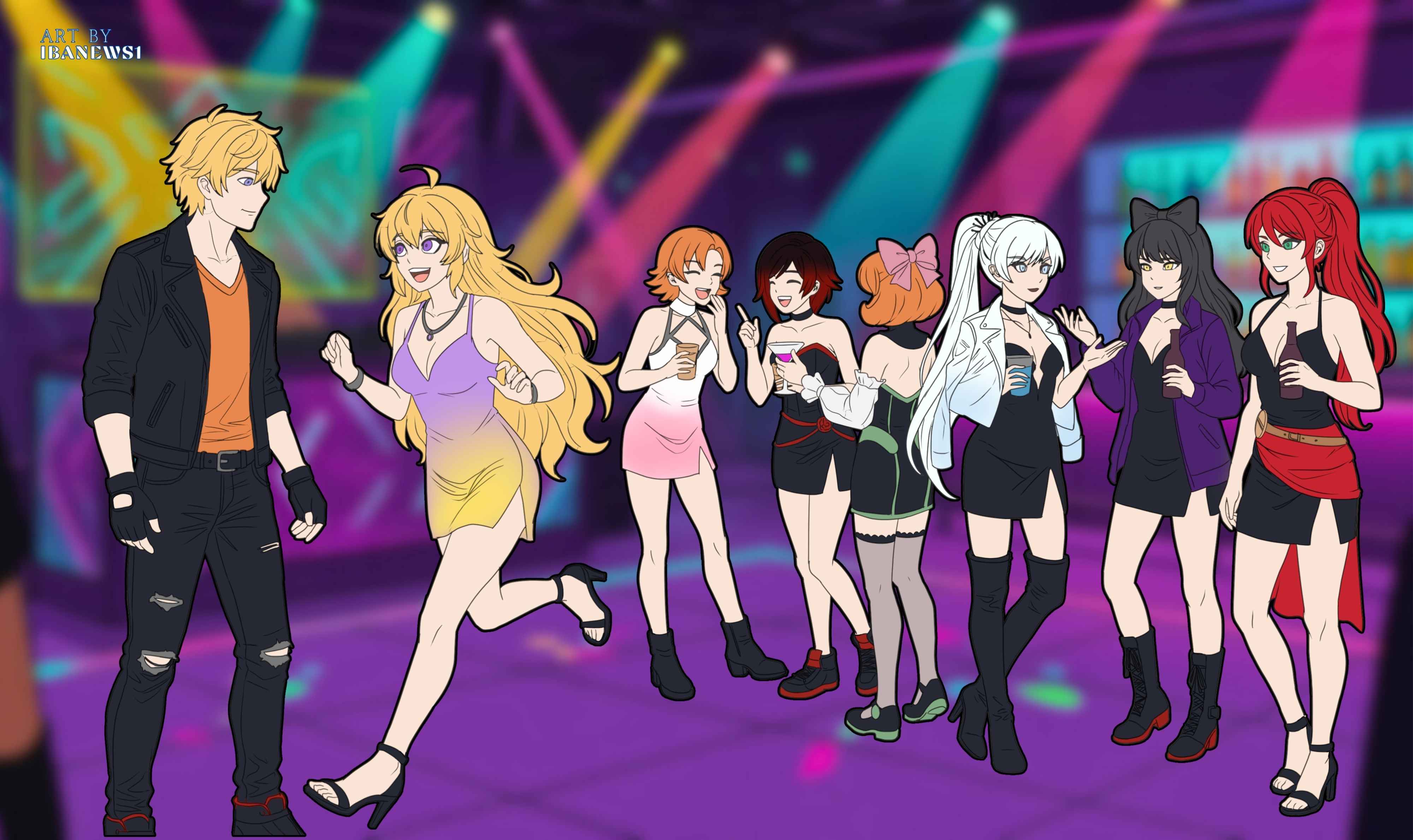 1boy, 7girls, blake belladonna, boots, club, high heel boots, high heels, ibanews1, jaune arc, nightclub, nora valkyrie, part of a set, penny polendina, pyrrha nikos, ruby rose, rwby, story, tagme, weiss schnee, yang xiao long