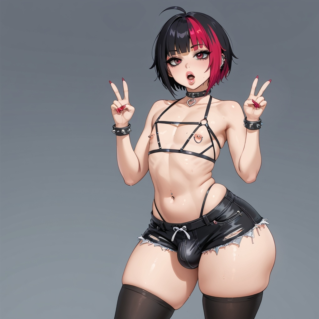 ai generated, ass, big ass, bulge, child bearing hips, emo, femboy, goth, lipstick, male, male only, multicolored hair, open mouth, small waist, wide hips