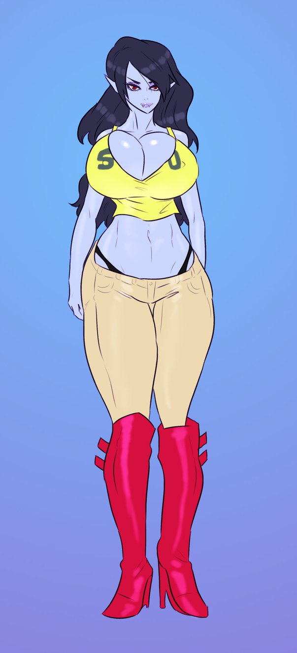 1girls, adventure time, black hair, boots, breasts, busty, cleavage, curvy, eyeliner, eyeshadow, fangs, female, female only, gradient background, grey skin, high heel boots, high heels, huge breasts, jay-marvel, lipstick, marceline, panties, red eyes, skin tight, solo, thong, vampire, voluptuous, whale tail, wide hips