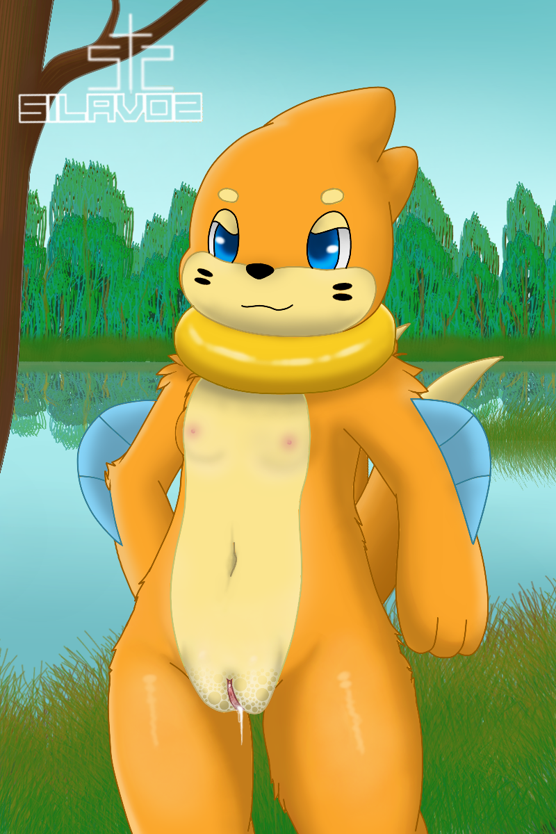 blue_eyes bodily_fluids breasts buizel clitoris cum cum_in_pussy cum_inside female feral forest fur generation_4_pokemon genital_fluids genitals hi_res jungle looking_at_viewer mammal navel nintendo orange_body orange_fur plant pokemon pokemon_(species) pussy sea silavos smile solo tree vaginal_fluids water watermark