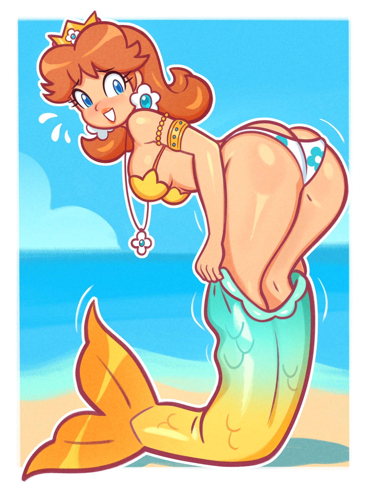 1girls, ass, bikini, breasts, daisy mermaid tail undressing (meme), female, luma draws, mario (series), princess daisy, tagme, undressing