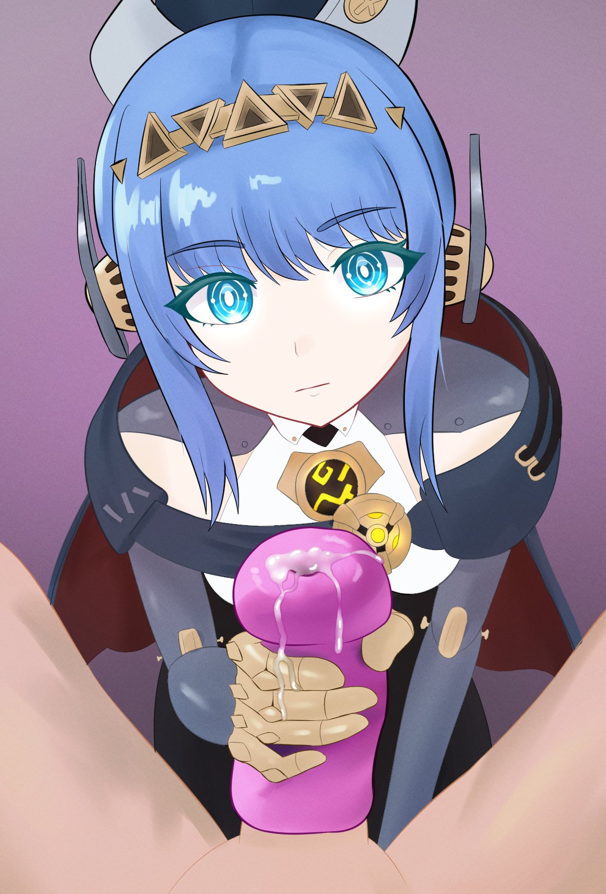 1boy, 1girls, artificial vagina, between thighs, blue eyes, blue hair, clothed, clothed female nude male, cum, enderg, eyebrows visible through hair, female, fleshlight, genshin impact, handjob, handjob w/sex toy, hoyoverse, ineffa (genshin impact), kuudere, light skin, light-skinned female, light-skinned male, looking at viewer, male, male pov, mihoyo, on knees, onahole, penetrable sex toy, penis, pov, sex toy, unenthusiastic