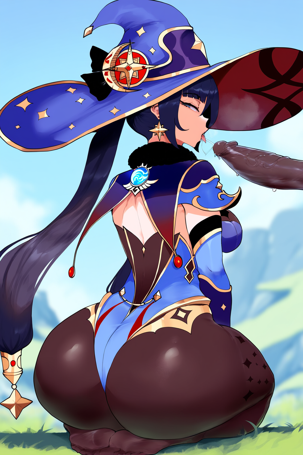 1boy 1girls ai_generated ass ass_focus big_ass blowjob breasts bubble_butt clothed dark-skinned_male dark_skin dumptruck_ass ene fat_ass fellatio genshin_impact hat hilichurls_(species) horny horny_female huge_ass interspecies kneeling large_ass looking_at_viewer mona_(genshin_impact) naughty_face on_knees open_mouth oral oral_sex outdoors round_ass saliva saliva_string saliva_trail thick thick_ass thick_thighs thighs tongue tongue_out voluptuous voluptuous_female wide_hips witch_hat