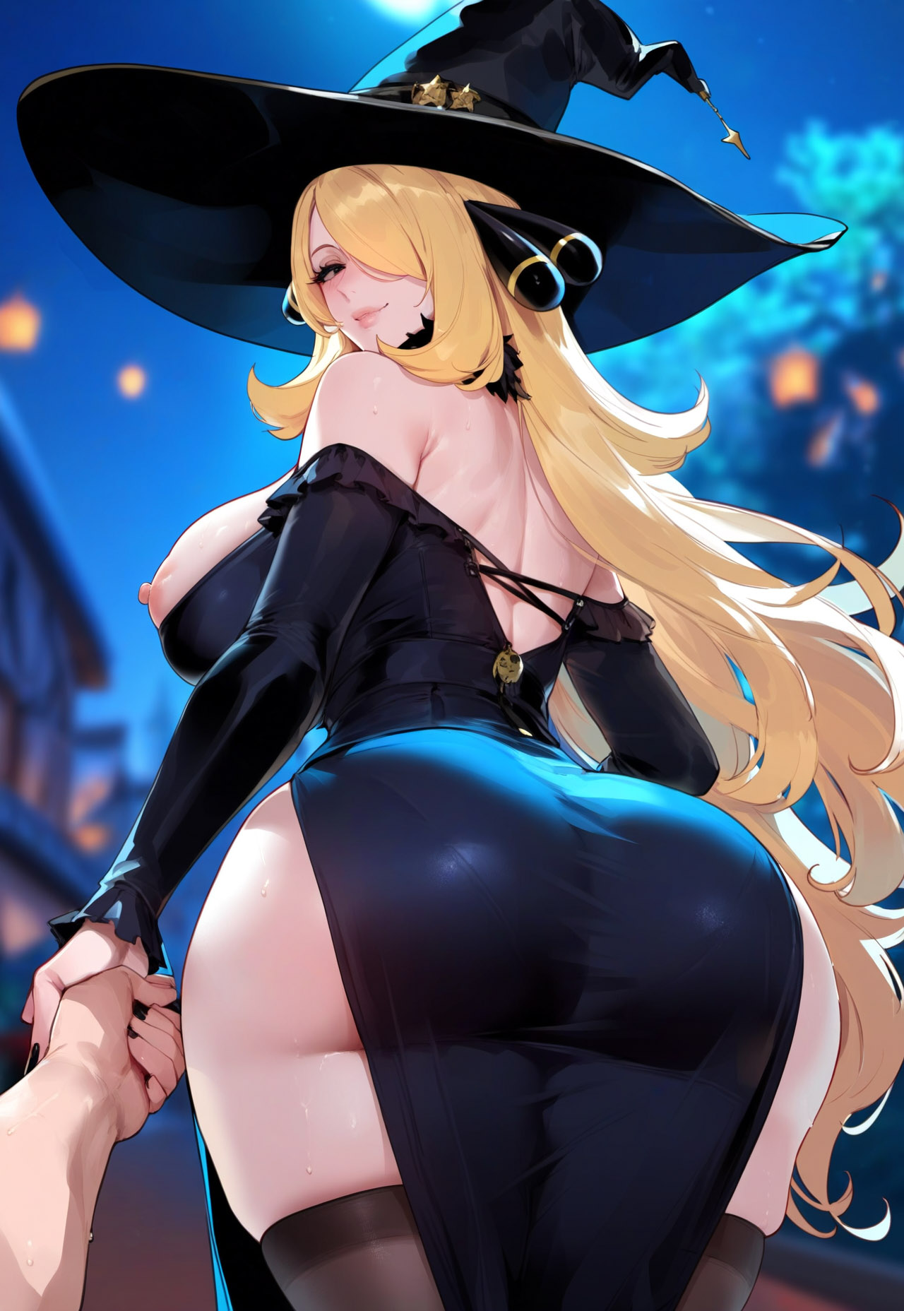 1girls, ai generated, alternate costume, ass, bare shoulders, black dress, black legwear, black nails, blonde hair, blurry, blurry background, breasts, cynthia (pokemon), depth of field, dress, female, from behind, hair over one eye, hat, holding hands, huge ass, large breasts, lips, long hair, looking at viewer, looking back, male pov, mature female, nail polish, naughty face, night, nipples, pokemon, pov, smile, solo focus, sweat, thighhighs, unseen male face, witch, witch hat