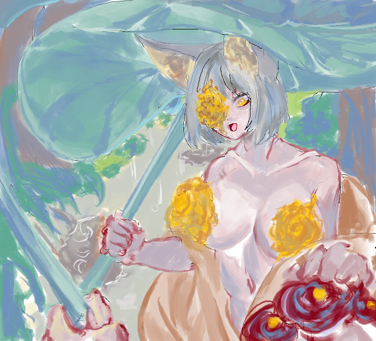 1girls animal_ears covered_nipples dongbaek_(limbus_company) female female_focus female_only flower_over_eye flowers fox_ears holding_object holding_umbrella large_breasts limbus_company nude open_mouth project_moon short_hair umbrella white_hair yellow_eyes yellow_flowers