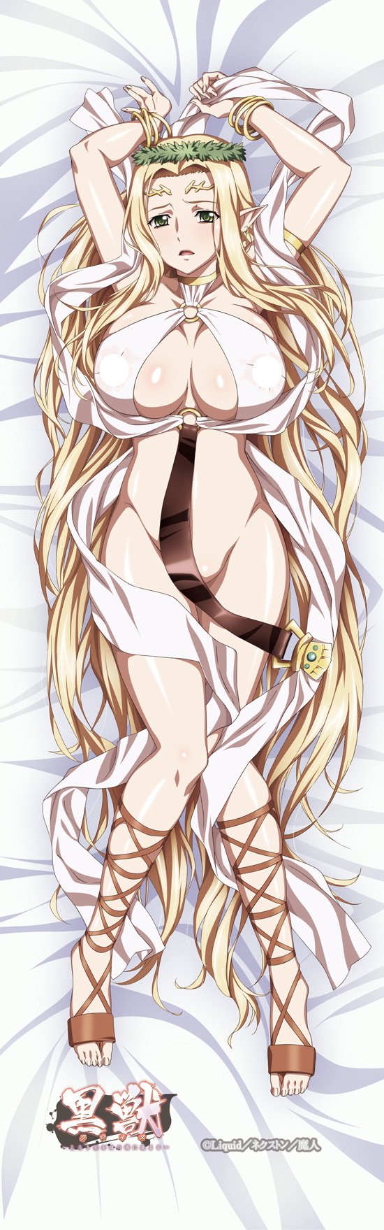 bed blonde_hair blush breasts celestine_lucullus curvy dakimakura_(medium) female female_focus full_body grabbing_another's_breast green_hair groping highres kuroinu_~kedakaki_seijo_wa_hakudaku_ni_somaru~ large_breasts looking_at_viewer lying on_bed pointy_ears shiny_skin