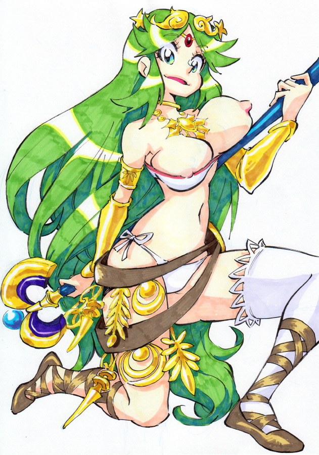 bikini breasts female full_length green_hair kid_icarus kid_icarus_uprising lots_of_jewelry nintendo nipple_slip palutena rafchu rod single_thighhigh solo staff wand