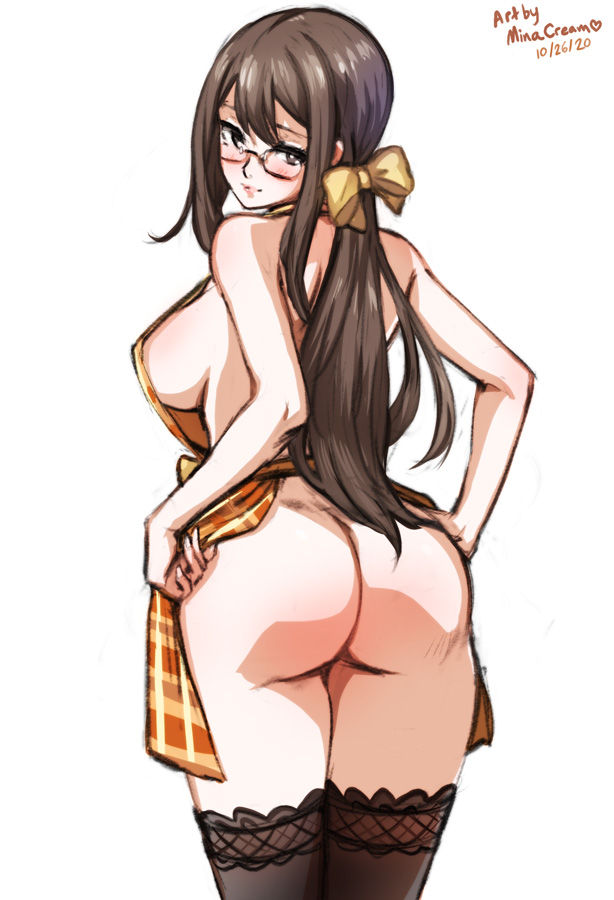 1girls apron ass back blush booty bow breasts brown_eyes brown_hair butt_crack female from_behind glasses hairbow huge_ass juusan_kihei_bouei_ken lace-trimmed_legwear lace_trim large_breasts long_hair looking_back mina_cream nude plaid_apron plaid_clothes ponytail sideboob solo thighhighs thighs yakushiji_megumi