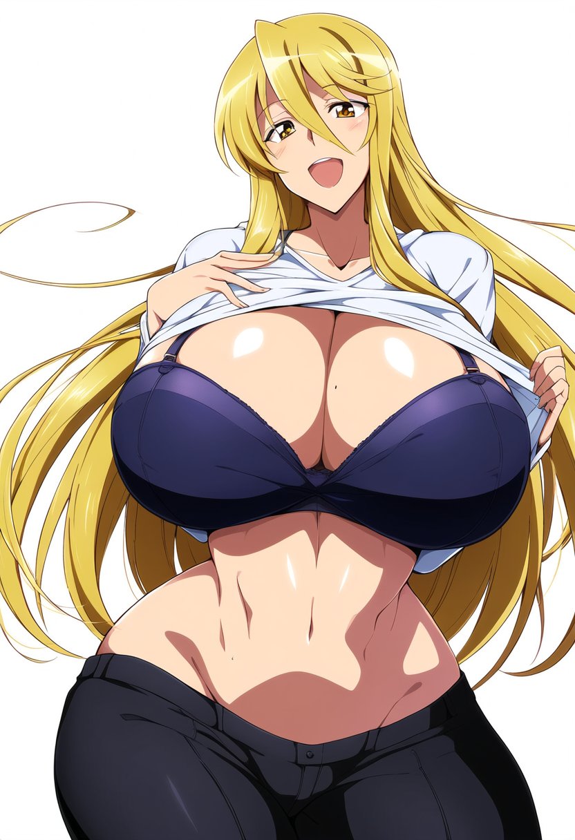 ai_generated black_pants blonde_hair blondie blue_bra character_request curvy_body curvy_figure dan16369336 female gigantic_breasts highschool_of_the_dead huge_breasts marikawa_shizuka shizuka_marikawa tagme tagme_(character) twitter_link